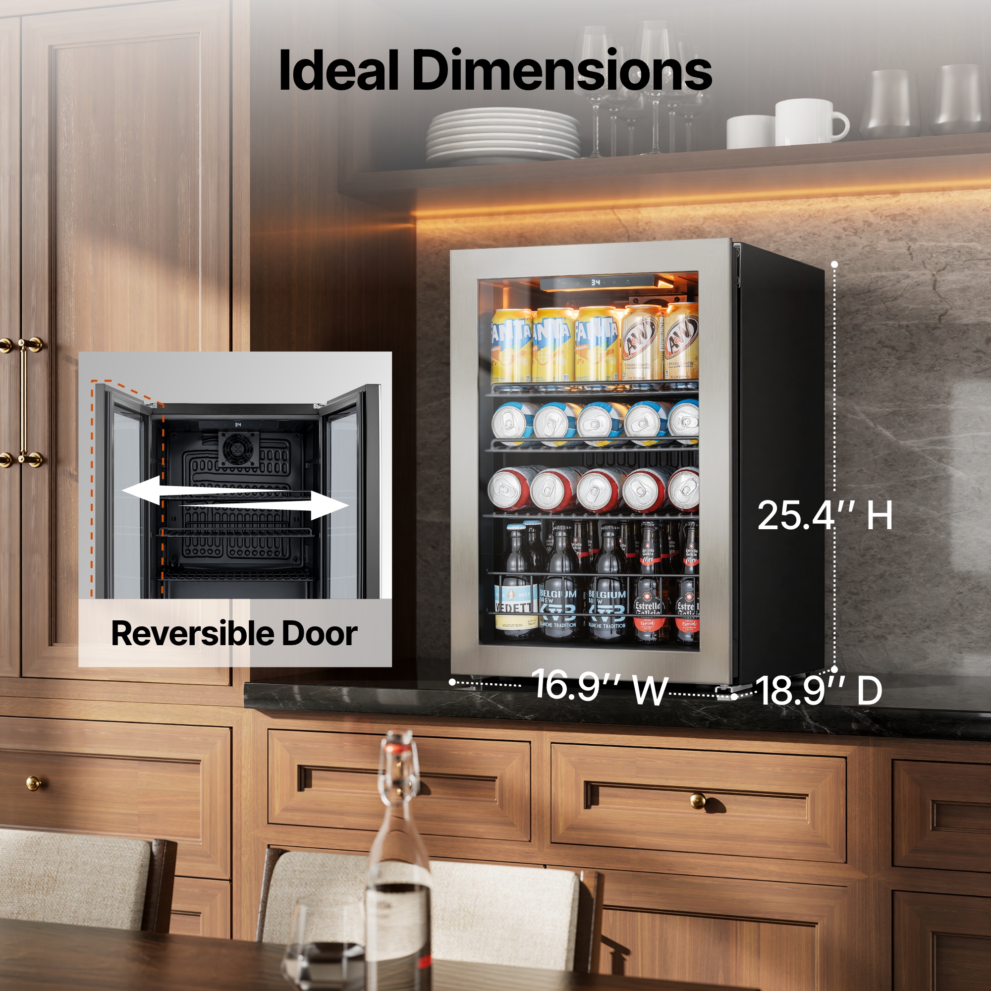 Ca'Lefort Beverage Refrigerator Cooler, 85-95 Can Freestanding Beverage Fridg,Mini fridge with Glass Door for Home/Bar/Office - Image 3