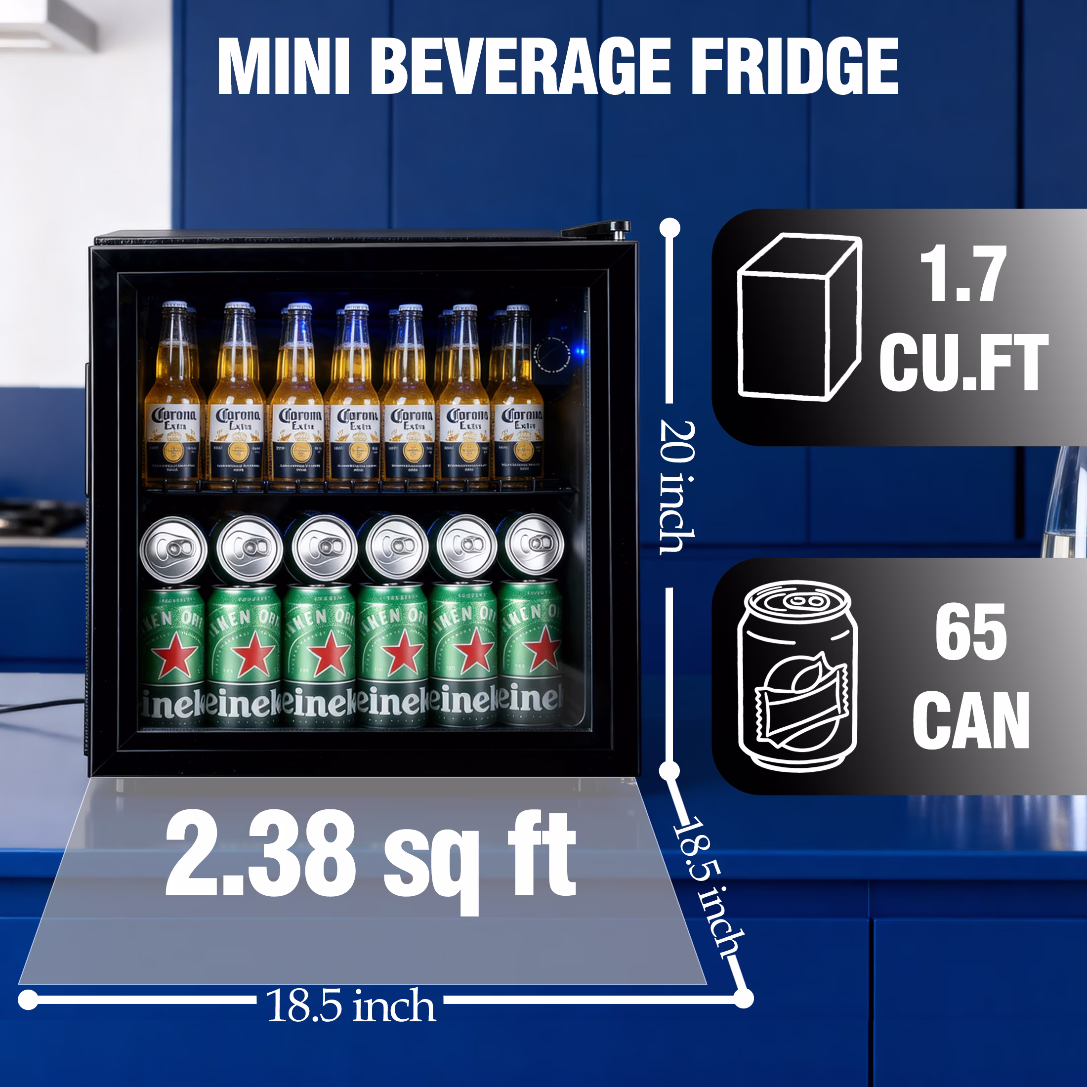 CALLIEVER 1.7 Cu. ft Mini Fridge,62 Can Mini Beverage,Refrigerator Cooler,Mini Fridge with Glass Door,Stainless Steel Look,Black - Image 2