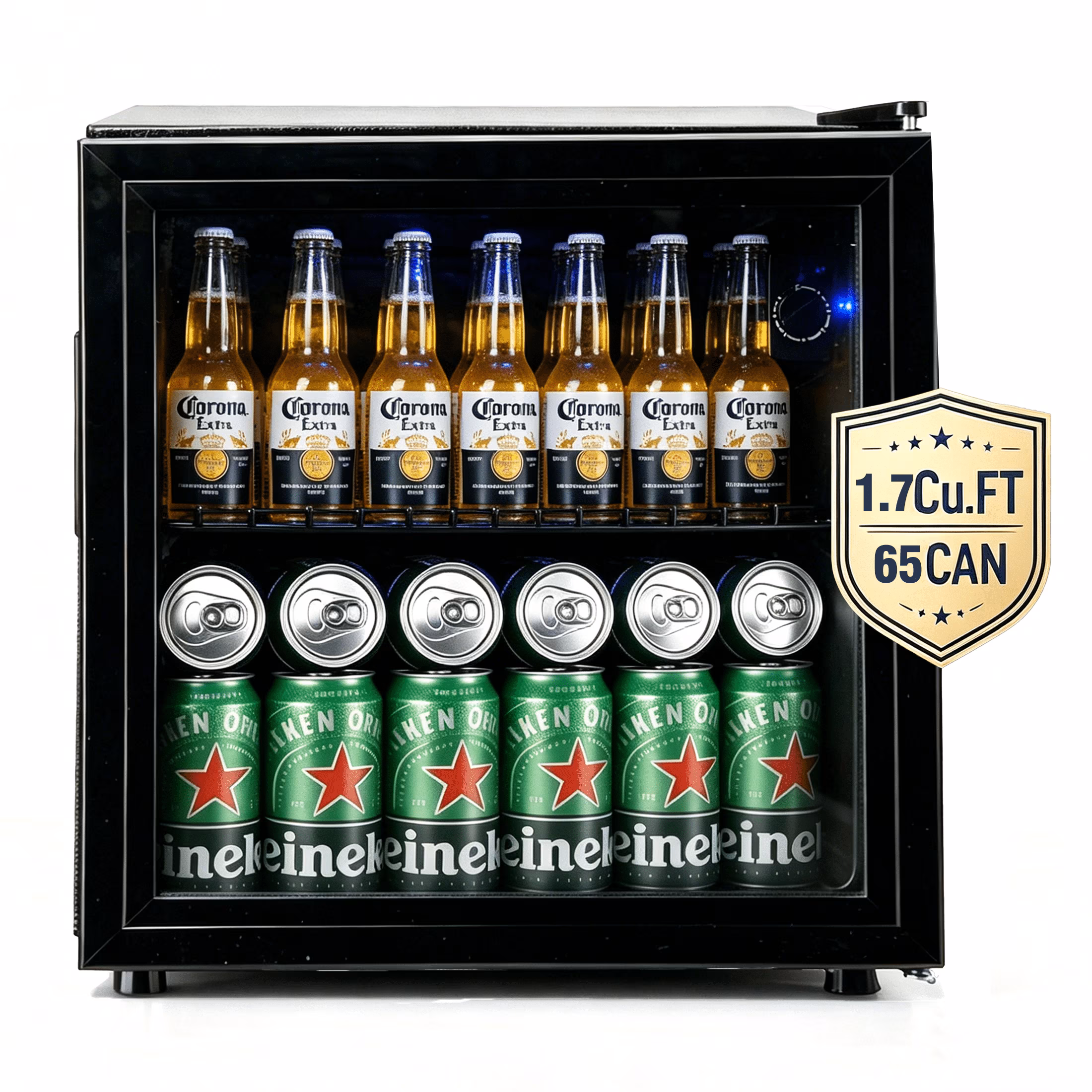 CALLIEVER 1.7 Cu. ft Mini Fridge,62 Can Mini Beverage,Refrigerator Cooler,Mini Fridge with Glass Door,Stainless Steel Look,Black