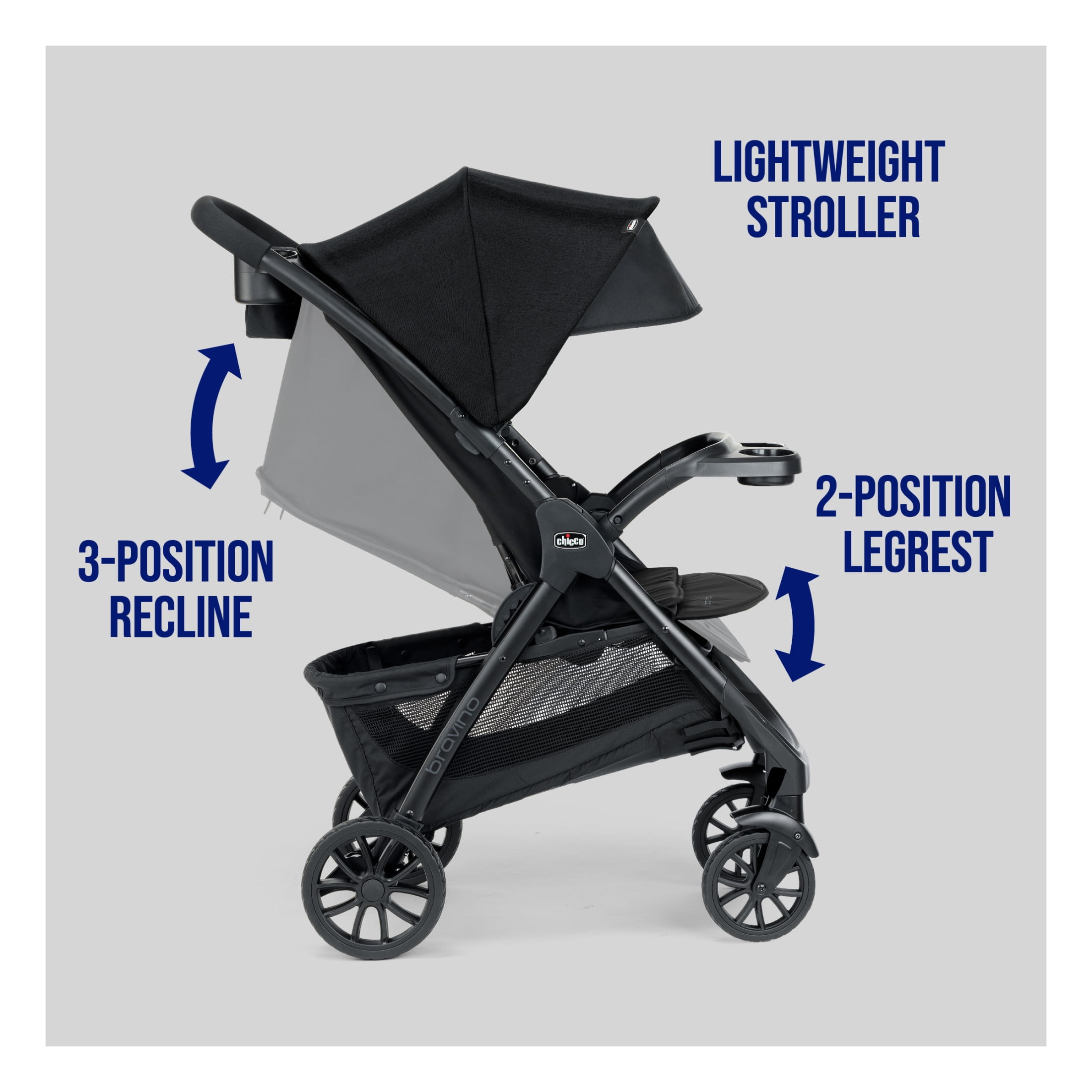 Chicco Bravino™ Lightweight Stroller, One-Hand Quick Fold, 3-Position Recline, Accepts Chicco Infant Car Seats - Ravine (Black) - Image 2