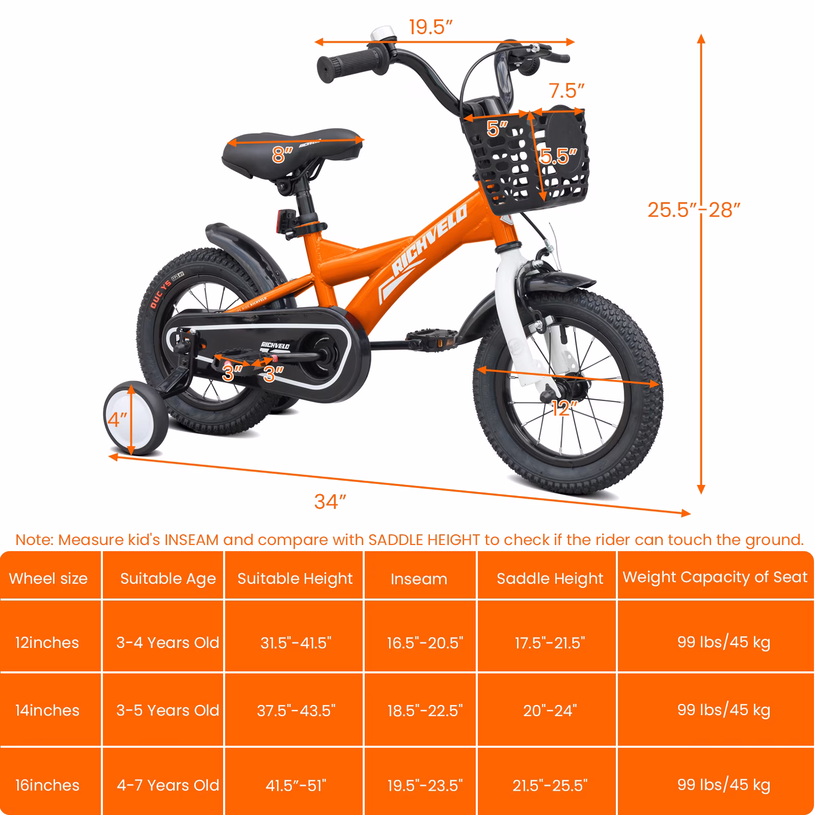 Cirayno 12" Toddler Bike with Training Wheels & Basket, Single Speed Steel Frame Kids Bike with Front V-Brake & Coaster Brake, Comfort Children Bicycle for 3-4 Years Old Boys, Orange - Image 5
