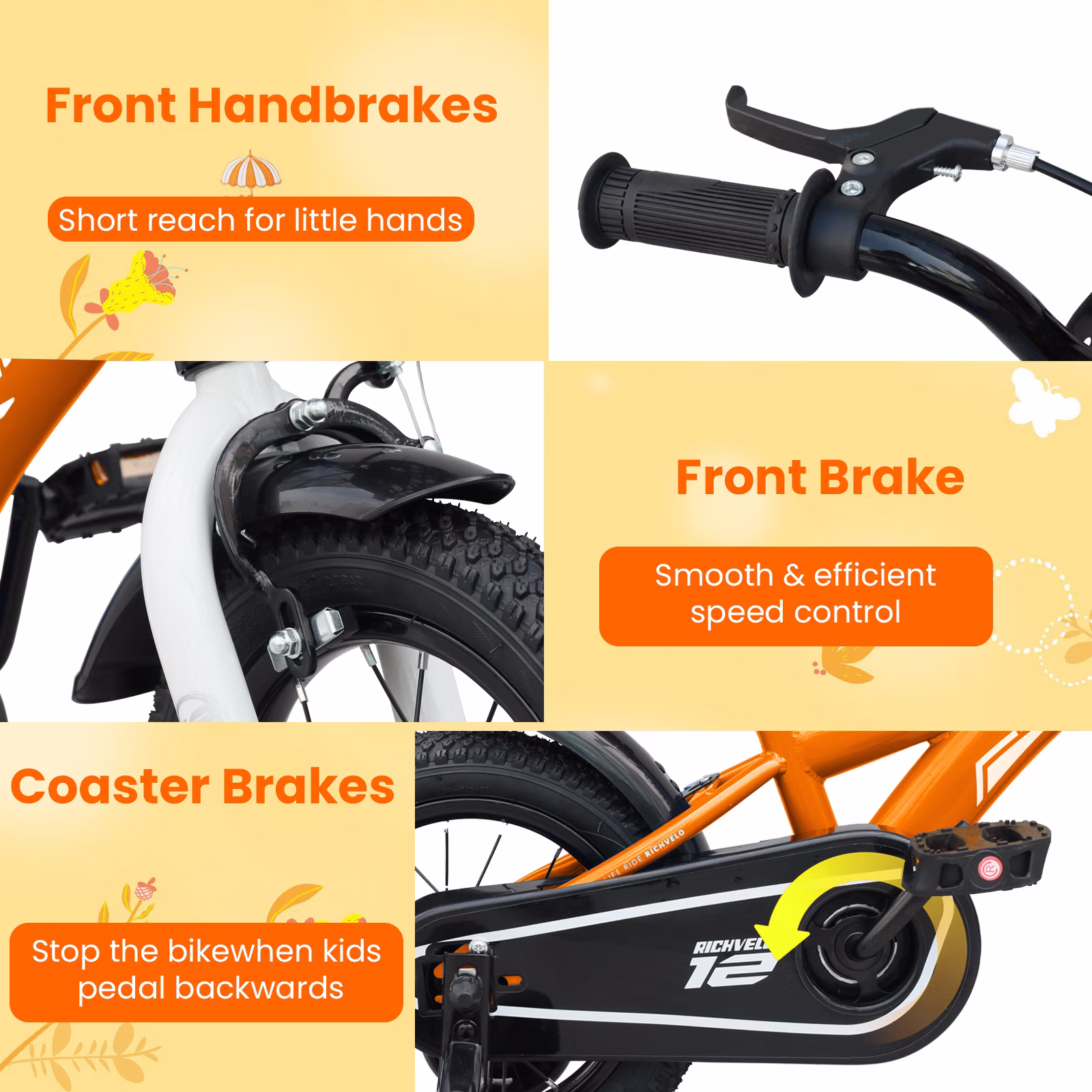 Cirayno 12" Toddler Bike with Training Wheels & Basket, Single Speed Steel Frame Kids Bike with Front V-Brake & Coaster Brake, Comfort Children Bicycle for 3-4 Years Old Boys, Orange - Image 2