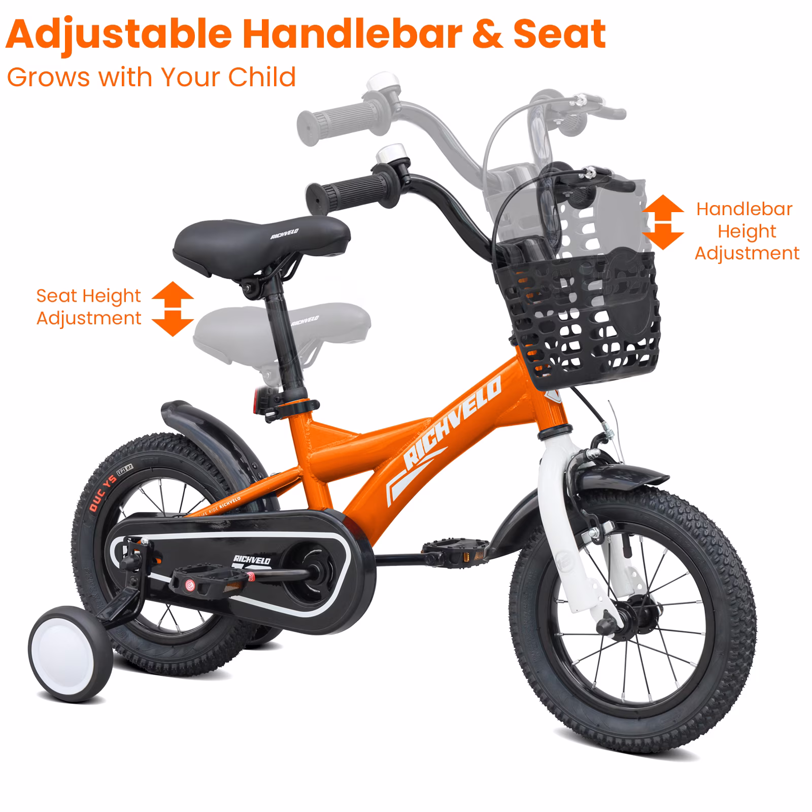 Cirayno 12" Toddler Bike with Training Wheels & Basket, Single Speed Steel Frame Kids Bike with Front V-Brake & Coaster Brake, Comfort Children Bicycle for 3-4 Years Old Boys, Orange - Image 3