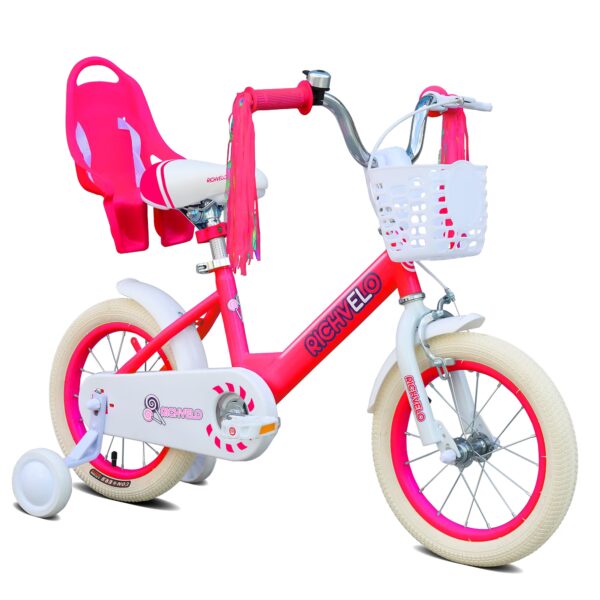Cirayno 14" Girls Bike with Training Wheels, Basket, Doll Seat & Colorful Streamers, Single Speed Steel Frame Kids' Bicycles for 3-5 Years Old Toddler, Front V-Brake & Coaster Brake, Red