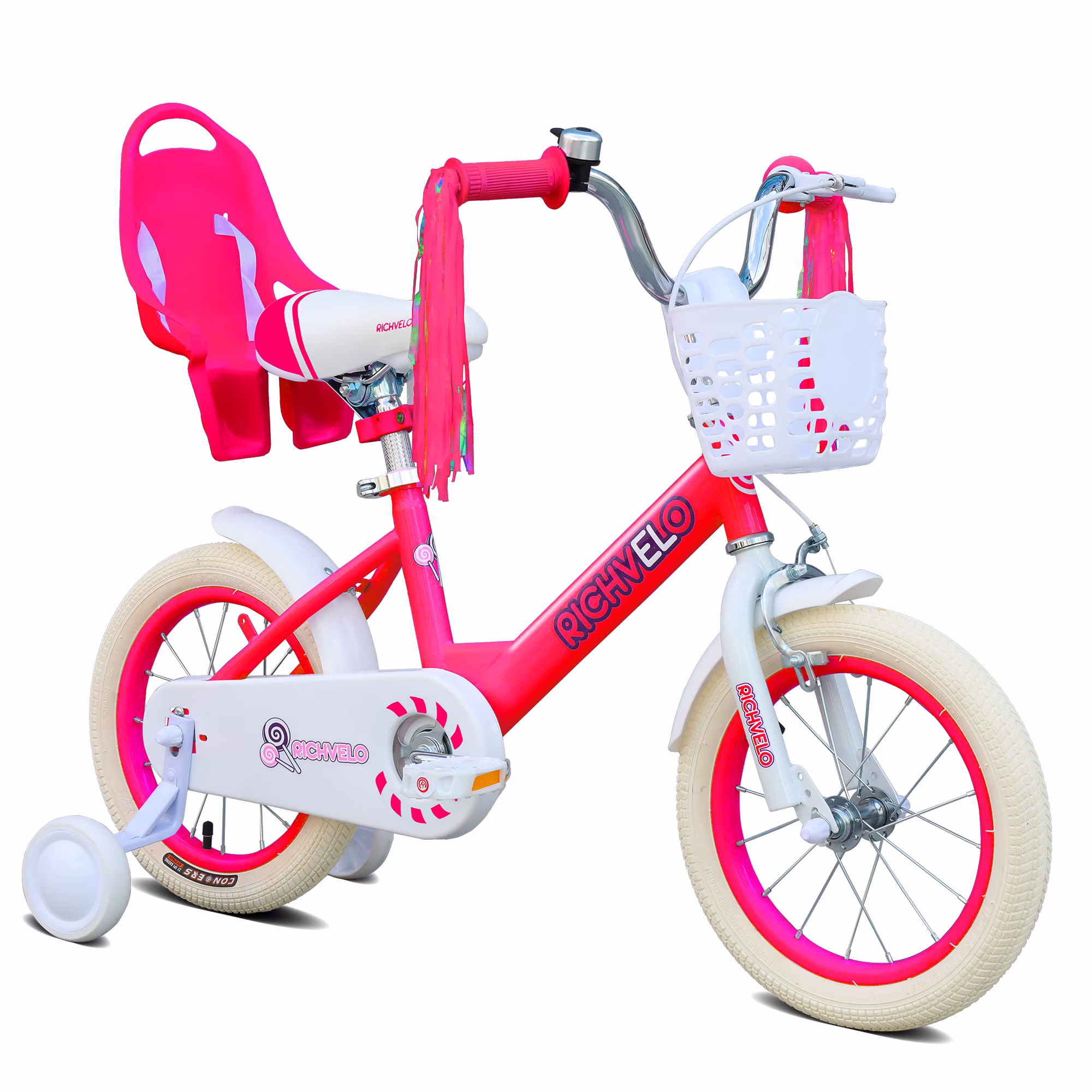 Cirayno 14" Girls Bike with Training Wheels, Basket, Doll Seat & Colorful Streamers, Single Speed Steel Frame Kids' Bicycles for 3-5 Years Old Toddler, Front V-Brake & Coaster Brake, Red