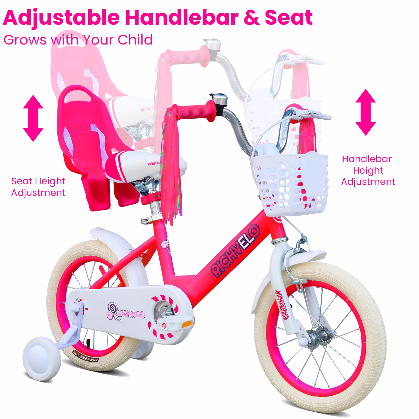 Cirayno 14" Girls Bike with Training Wheels, Basket, Doll Seat & Colorful Streamers, Single Speed Steel Frame Kids' Bicycles for 3-5 Years Old Toddler, Front V-Brake & Coaster Brake, Red - Image 2