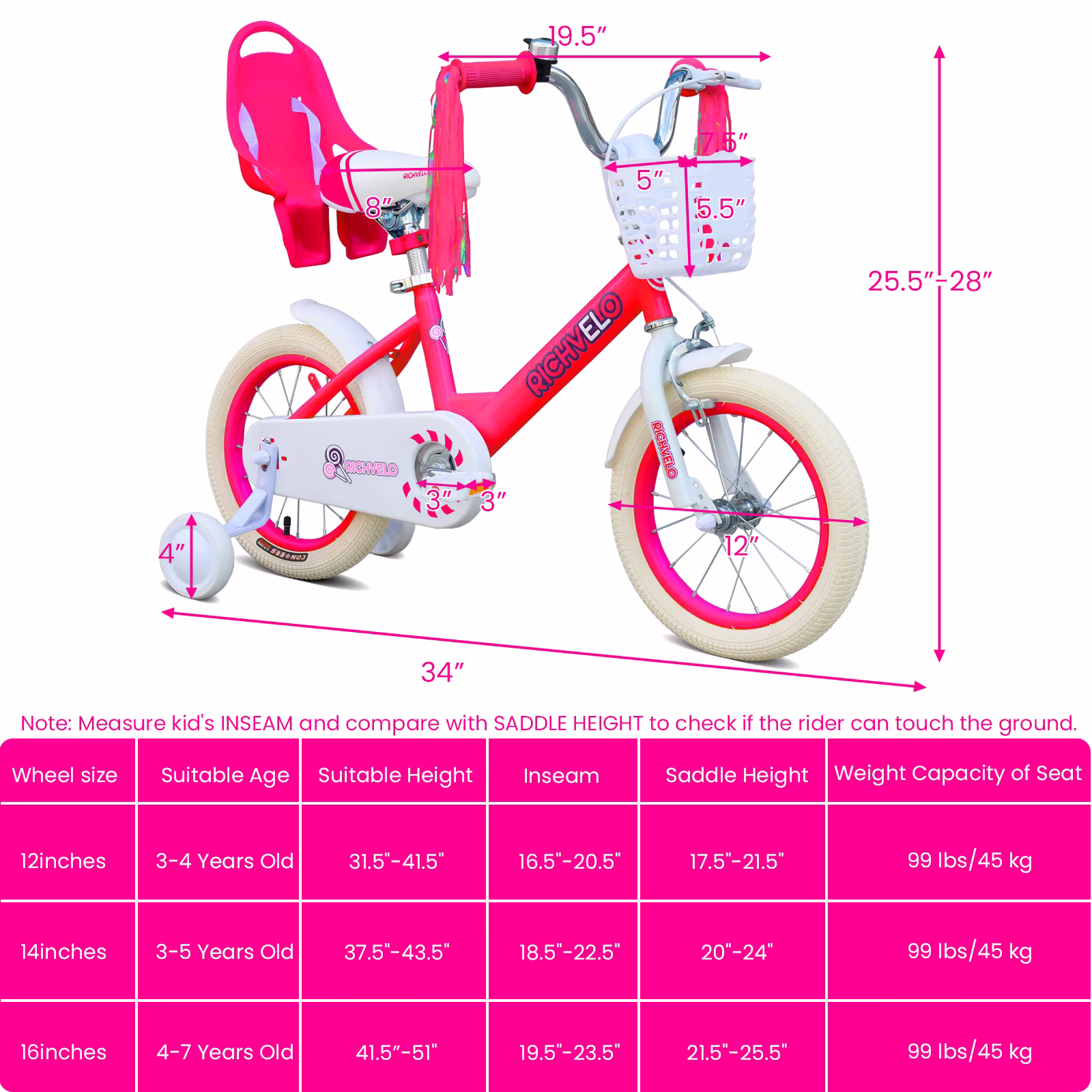 Cirayno 14" Girls Bike with Training Wheels, Basket, Doll Seat & Colorful Streamers, Single Speed Steel Frame Kids' Bicycles for 3-5 Years Old Toddler, Front V-Brake & Coaster Brake, Red - Image 3