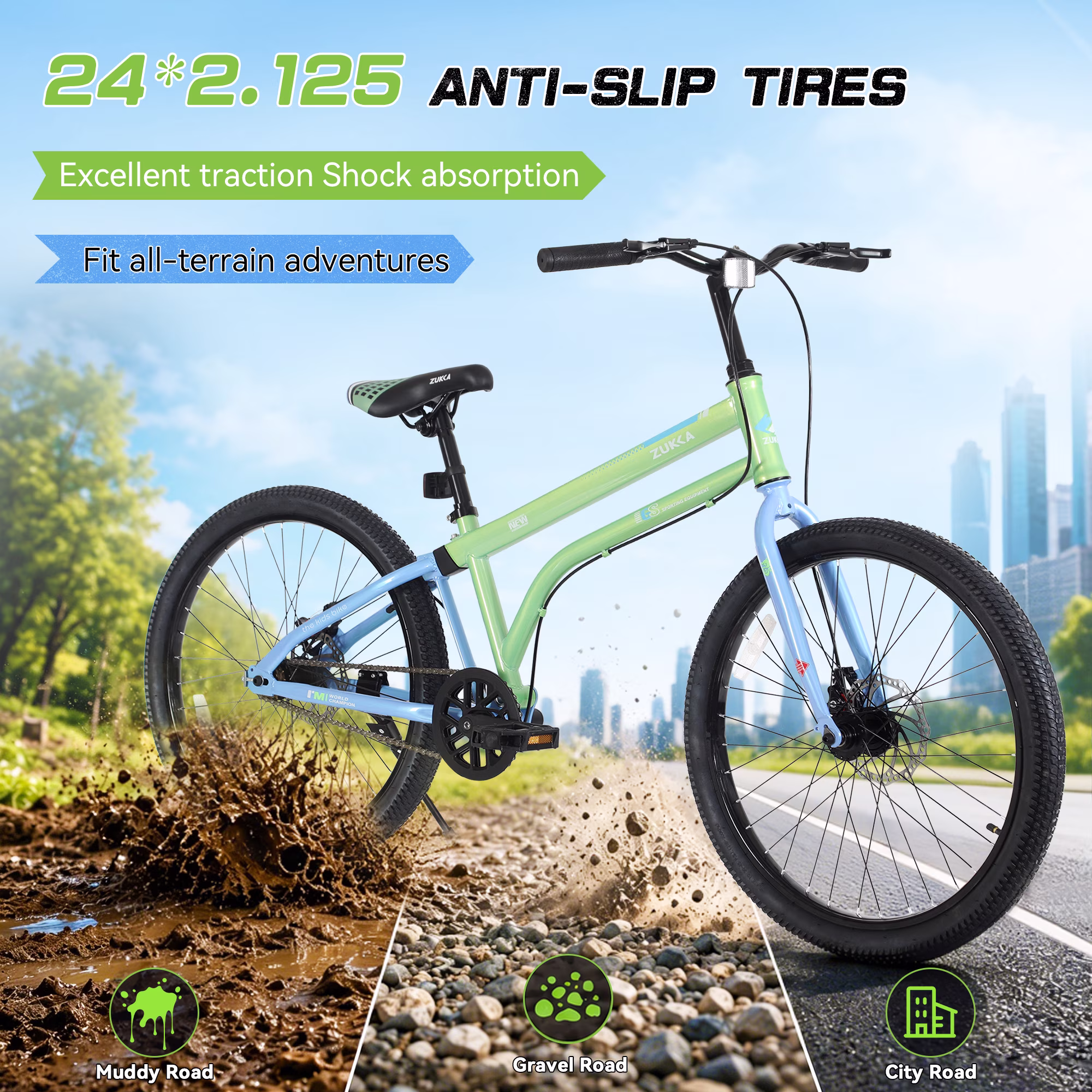 Cirayno 24" Kids Bikes for Boys Girls Age 10+, Single Speed Steel Frame Children Bike Bicycle with Dual Disc Brakes, Fits Riders 4'8"-5'2", Green - Image 3