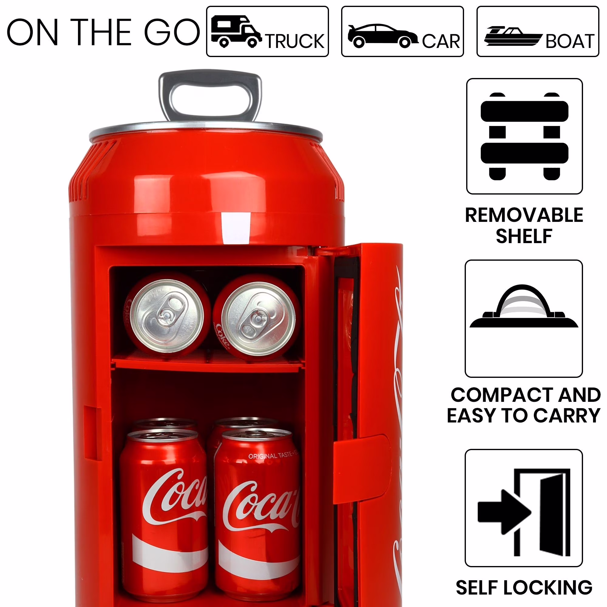 Coca-Cola 8 Can Portable Mini Fridge w/ 12V DC and 110V AC Cords, 5.4L (5.7 qt) Can Shaped Personal Cooler, Red, Travel Fridge for Drinks, Snacks, Lunch, Home, Office, Dorm Room, RV - Image 2