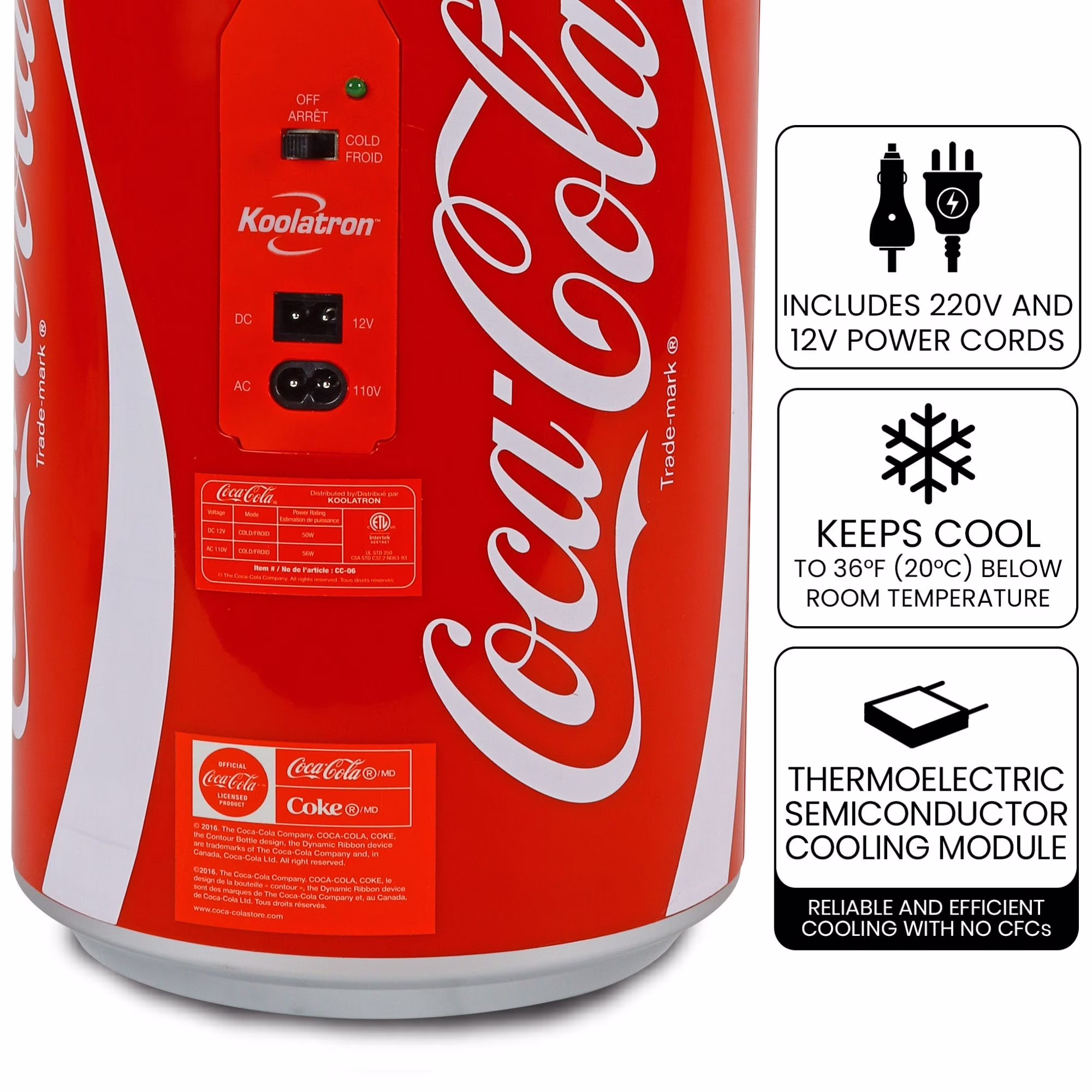 Coca-Cola 8 Can Portable Mini Fridge w/ 12V DC and 110V AC Cords, 5.4L (5.7 qt) Can Shaped Personal Cooler, Red, Travel Fridge for Drinks, Snacks, Lunch, Home, Office, Dorm Room, RV - Image 5