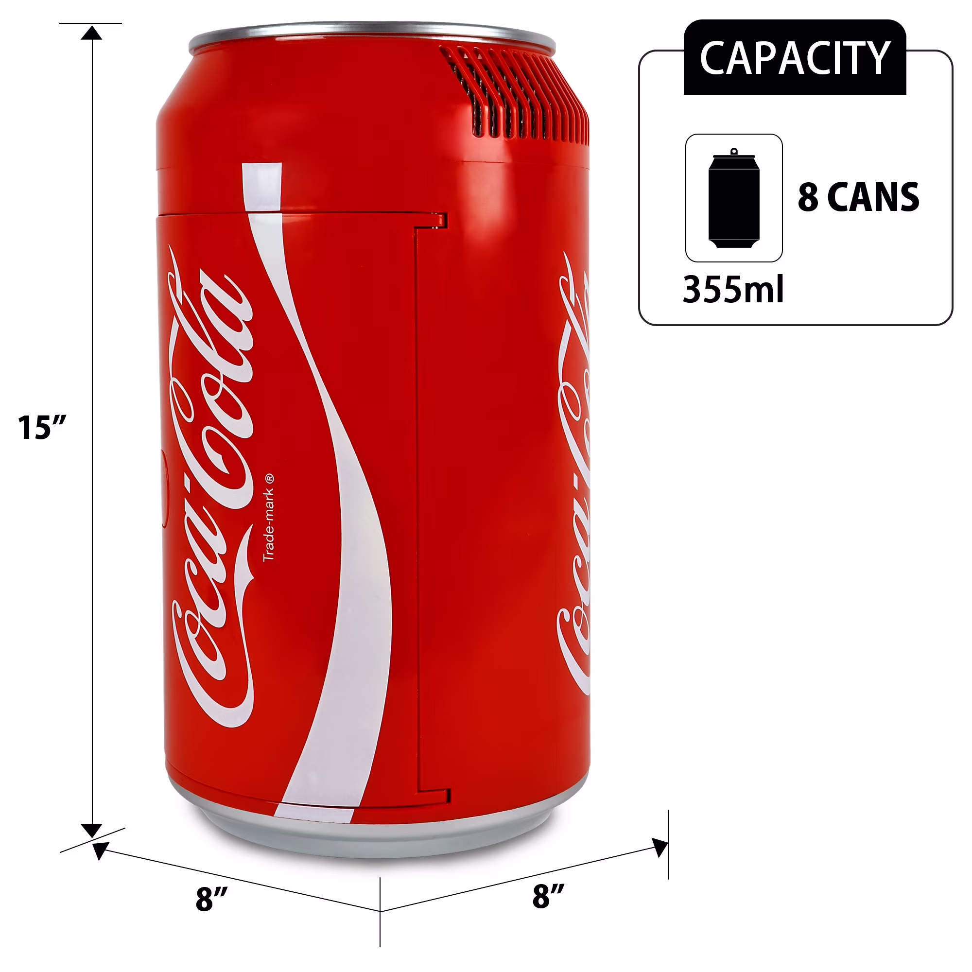 Coca-Cola 8 Can Portable Mini Fridge w/ 12V DC and 110V AC Cords, 5.4L (5.7 qt) Can Shaped Personal Cooler, Red, Travel Fridge for Drinks, Snacks, Lunch, Home, Office, Dorm Room, RV - Image 4