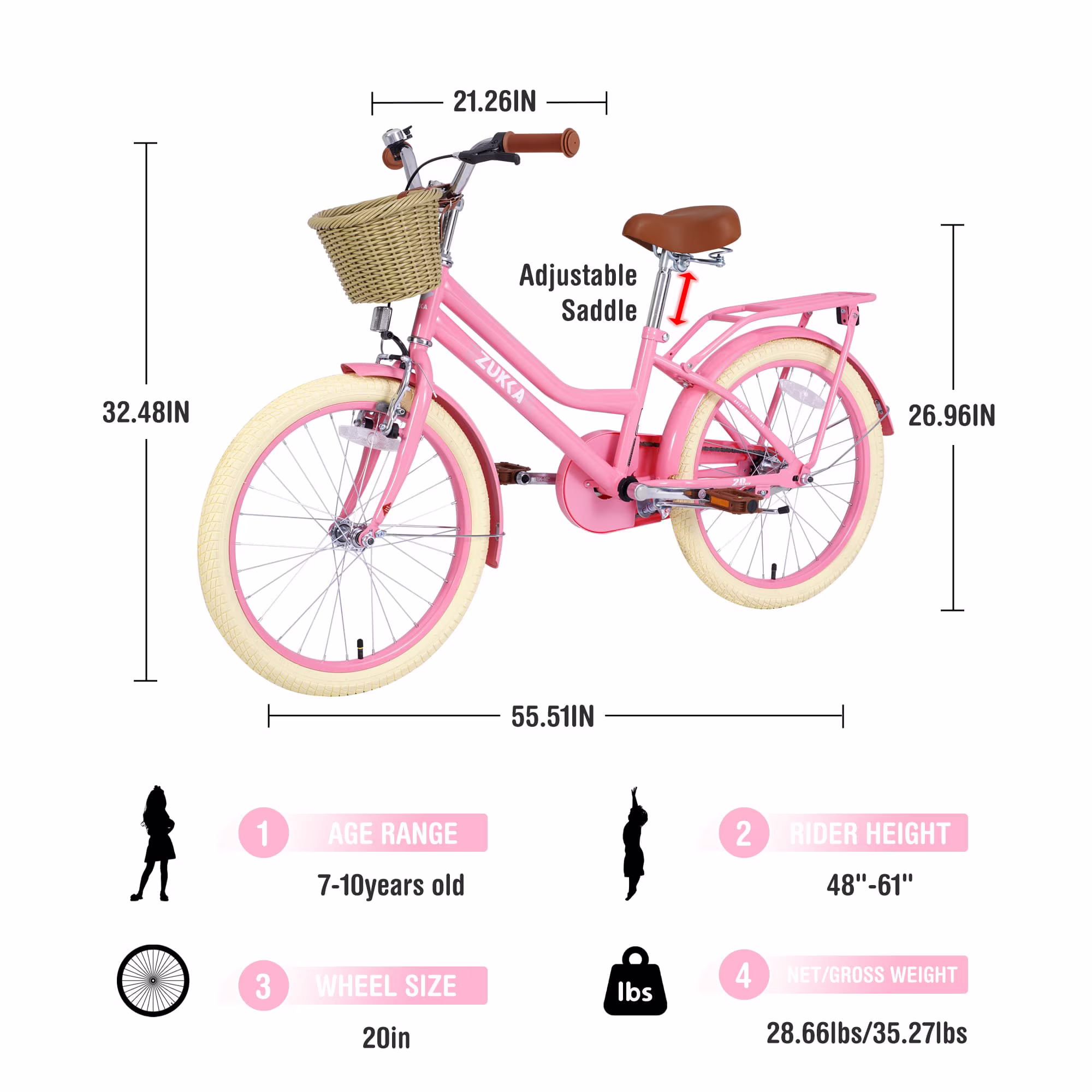 COCLUB 20 Inch Bicycle Kids Bike, Girls Bike with Basket, Single Speed Cruiser Bike, Chain Guard, Adjustable Seat, 20 Inch Bike for Boys and Girls Ages 7-10, Pink - Image 4
