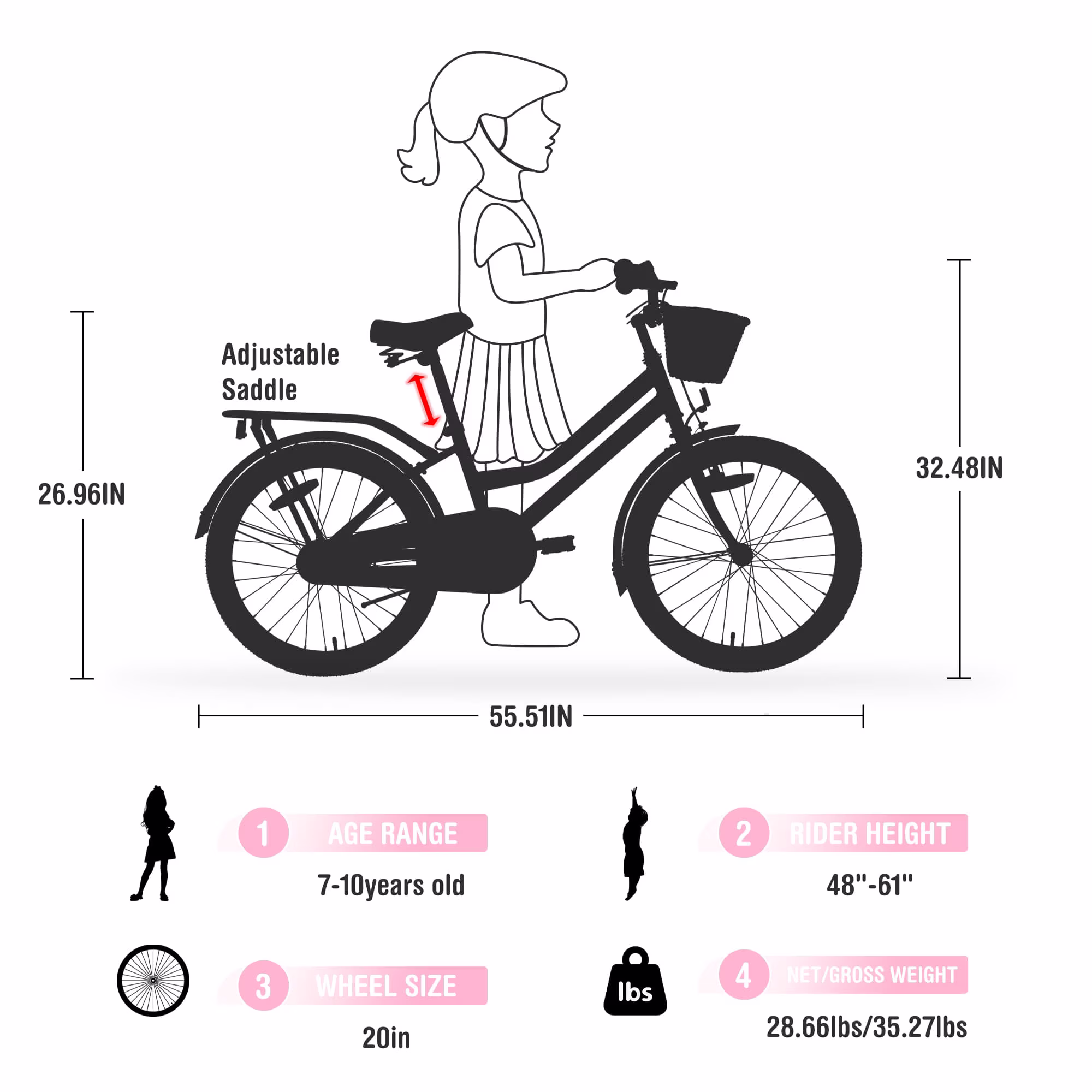 COCLUB 20 Inch Bicycle Kids Bike, Girls Bike with Basket, Single Speed Cruiser Bike, Chain Guard, Adjustable Seat, 20 Inch Bike for Boys and Girls Ages 7-10, Pink - Image 2