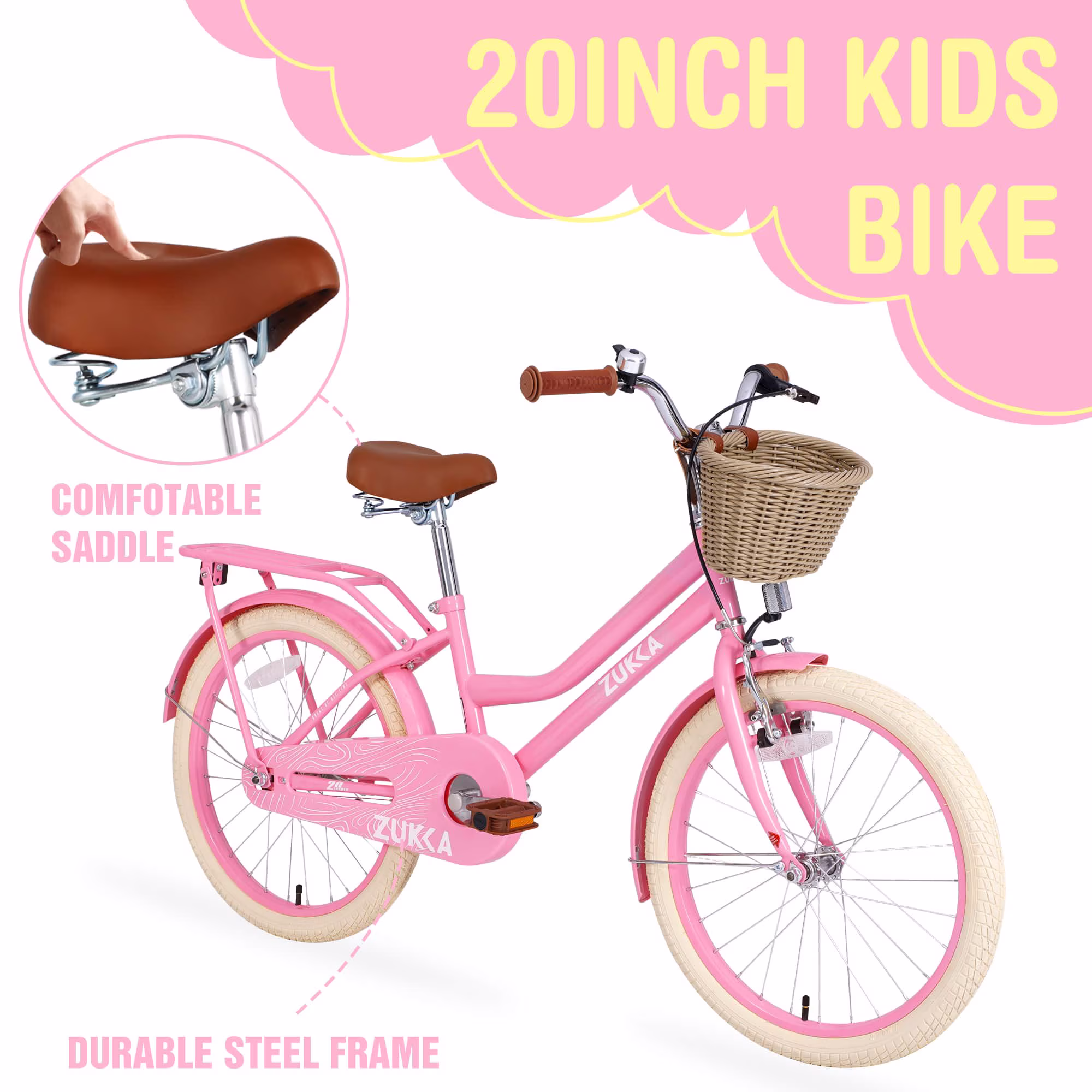COCLUB 20 Inch Bicycle Kids Bike, Girls Bike with Basket, Single Speed Cruiser Bike, Chain Guard, Adjustable Seat, 20 Inch Bike for Boys and Girls Ages 7-10, Pink - Image 5
