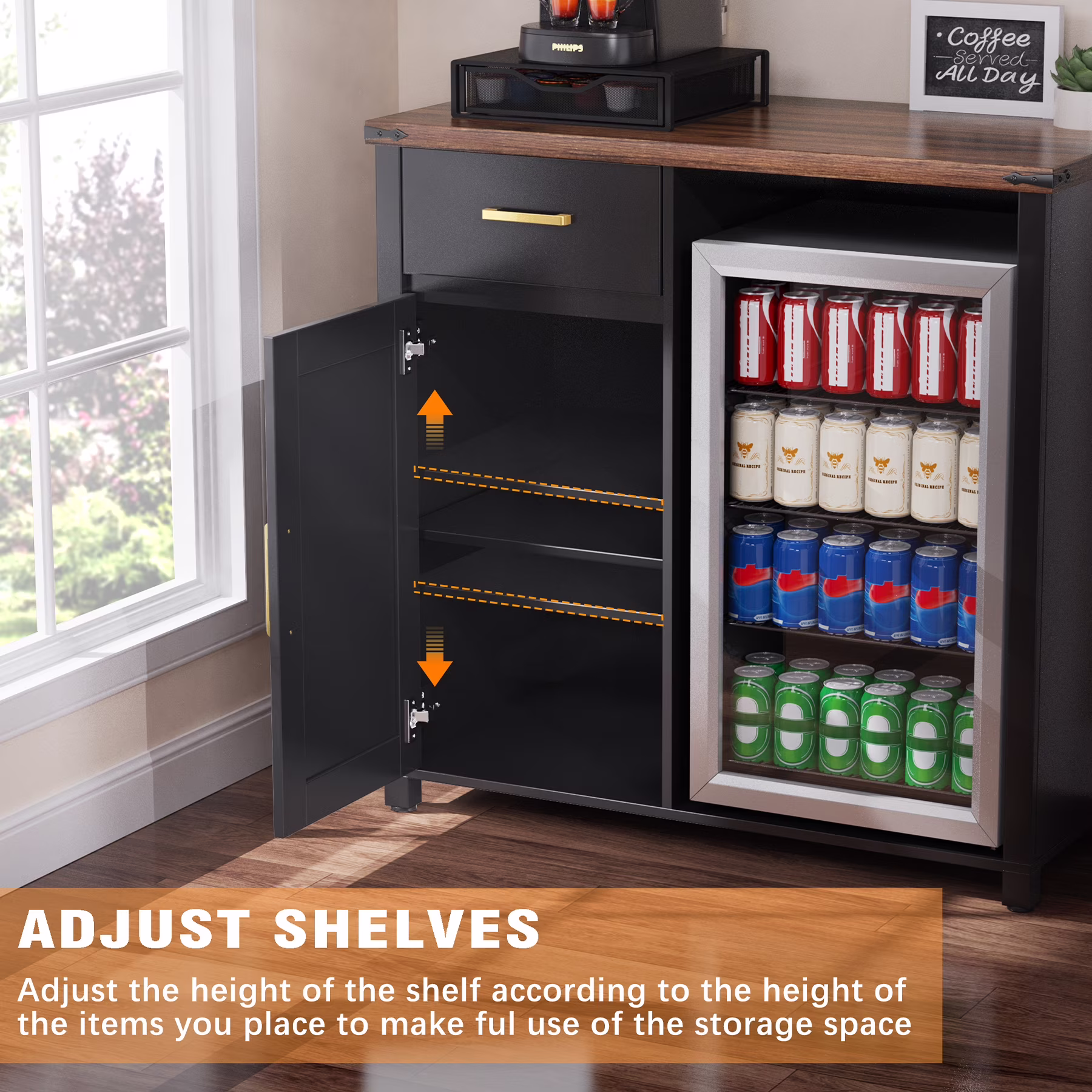 Coffee Bar with Mini Fridge Space, Mini Fridge Cabinet Stand for Dorm, Kitchen or Office - Image 4