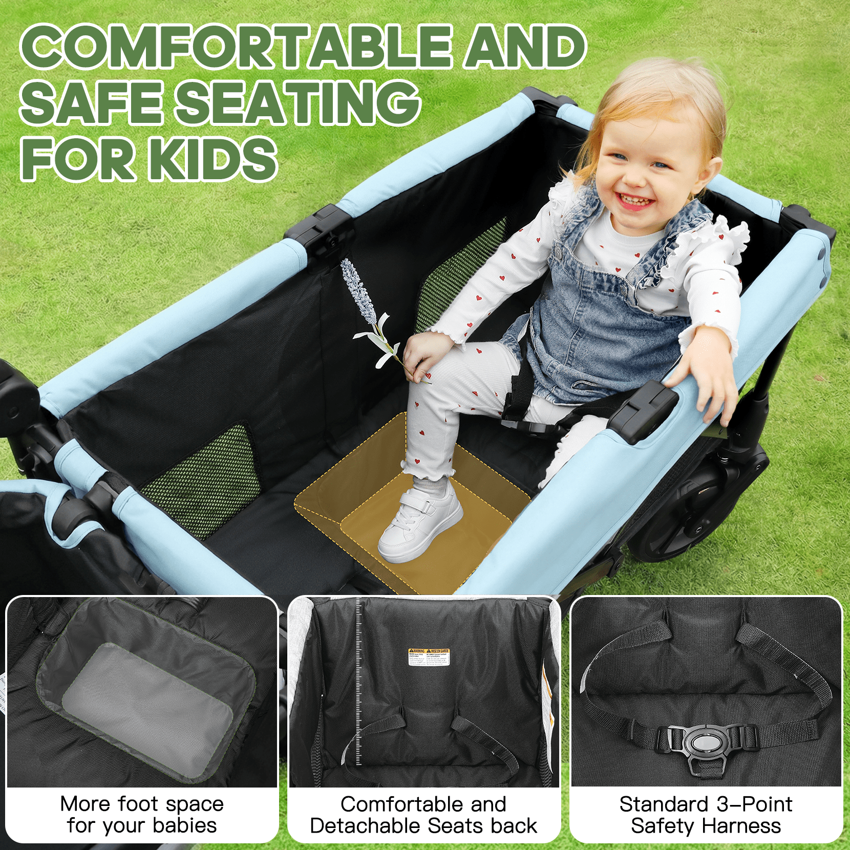COFUNOK 2-Seater Wagon Stroller with Canopy, All-Terrain Wheels, Safety Harness, Storage Basket, Cup Holders, Portable Outdoor Wagon Stroller for Kids, Beach, Park, Picnic, Travel, Blue - Image 2