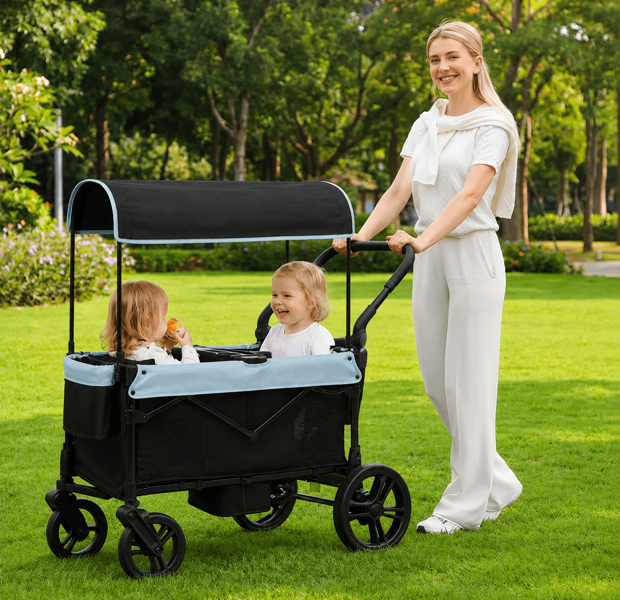 COFUNOK 2-Seater Wagon Stroller with Canopy, All-Terrain Wheels, Safety Harness, Storage Basket, Cup Holders, Portable Outdoor Wagon Stroller for Kids, Beach, Park, Picnic, Travel, Blue - Image 3