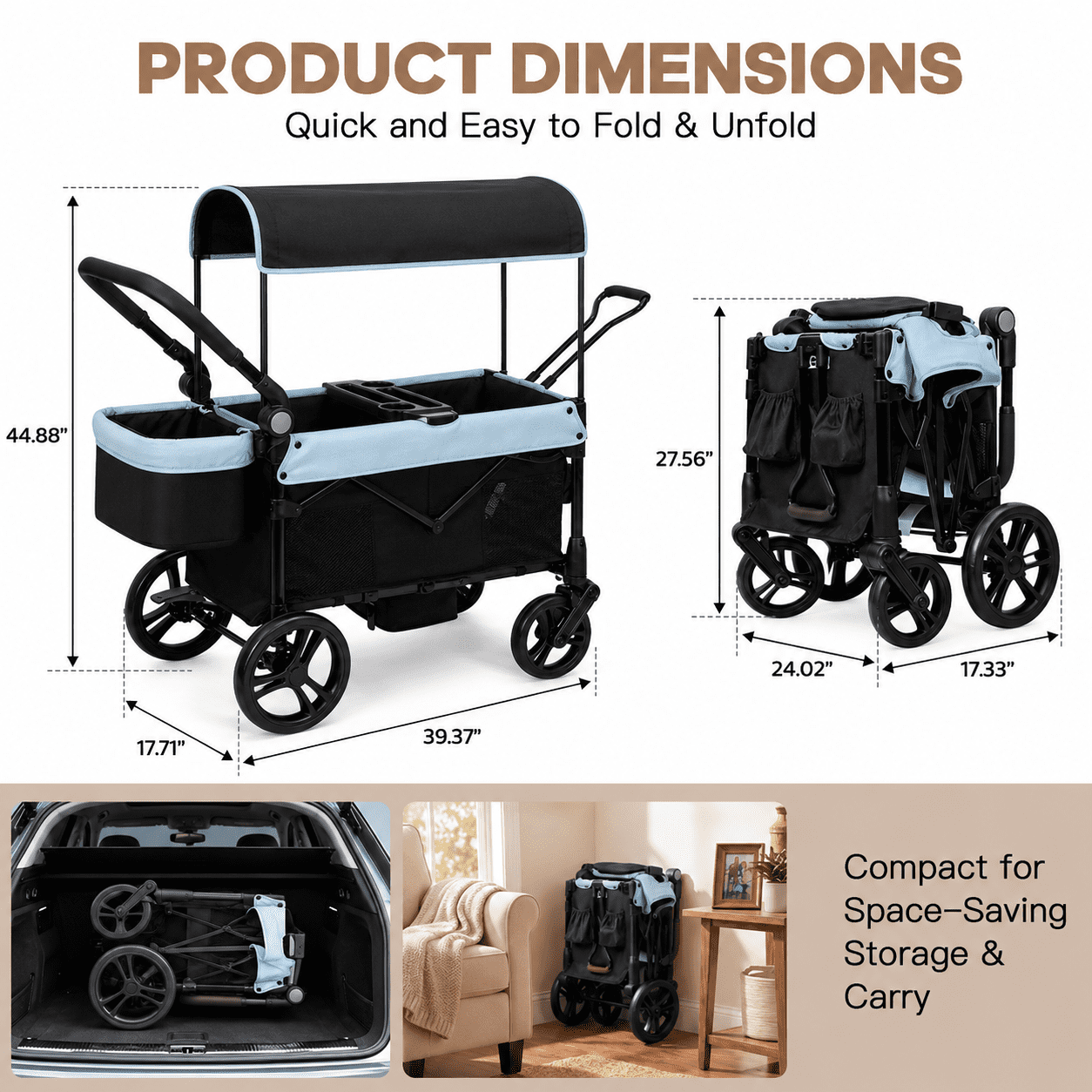 COFUNOK 2-Seater Wagon Stroller with Canopy, All-Terrain Wheels, Safety Harness, Storage Basket, Cup Holders, Portable Outdoor Wagon Stroller for Kids, Beach, Park, Picnic, Travel, Blue - Image 4
