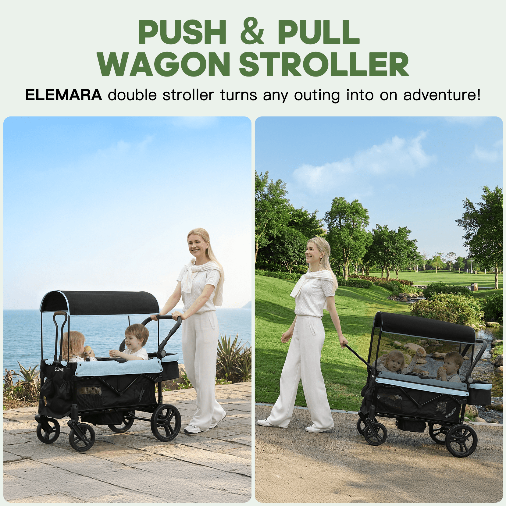 COFUNOK 2-Seater Wagon Stroller with Canopy, All-Terrain Wheels, Safety Harness, Storage Basket, Cup Holders, Portable Outdoor Wagon Stroller for Kids, Beach, Park, Picnic, Travel, Blue - Image 5