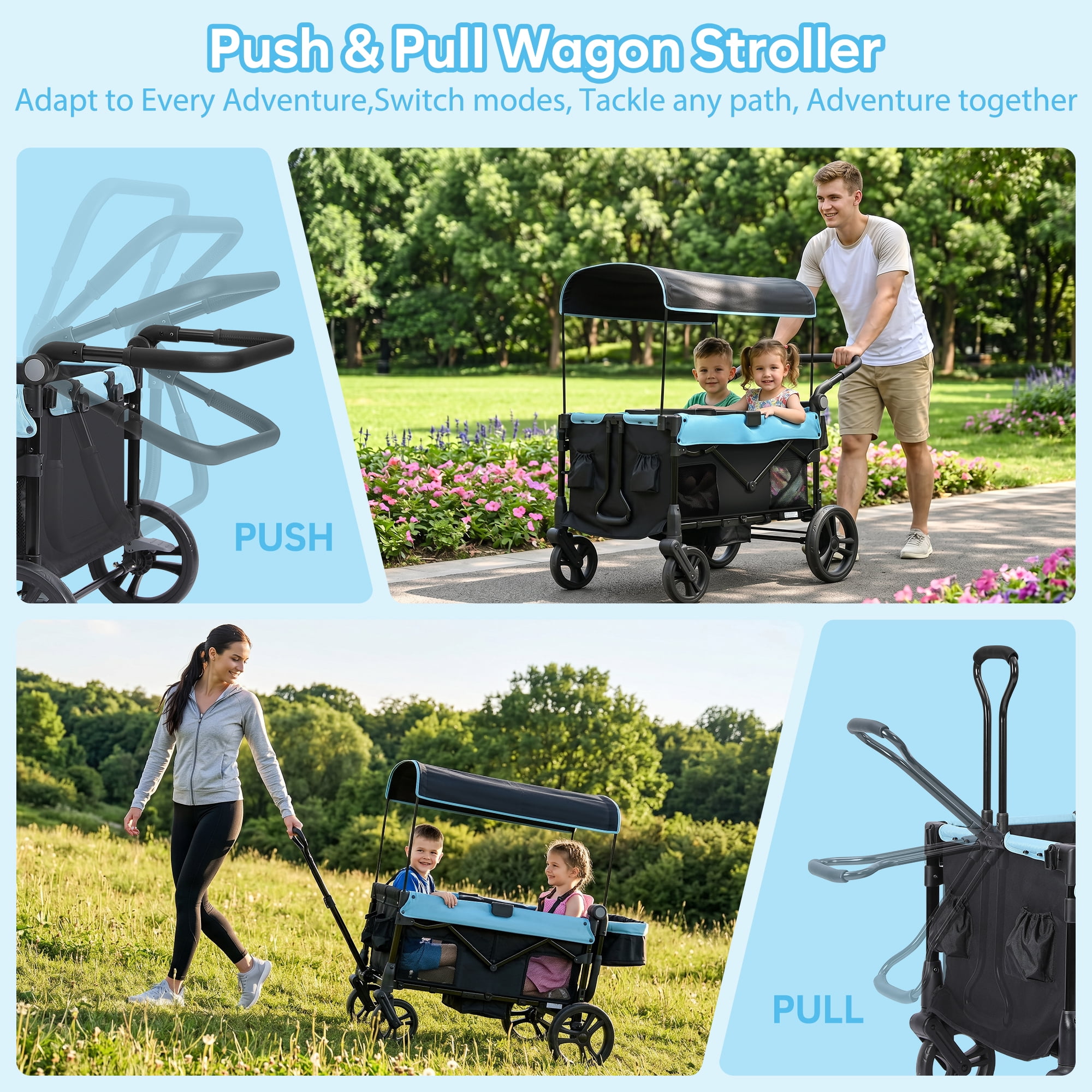 COFUNOK 4 Seater Wagon Stroller for Kids, Foldable Stroller Wagon with Adjustable Canopy, Push & Pull Handles, Snack Tray, Storage Bag, Blue - Image 2