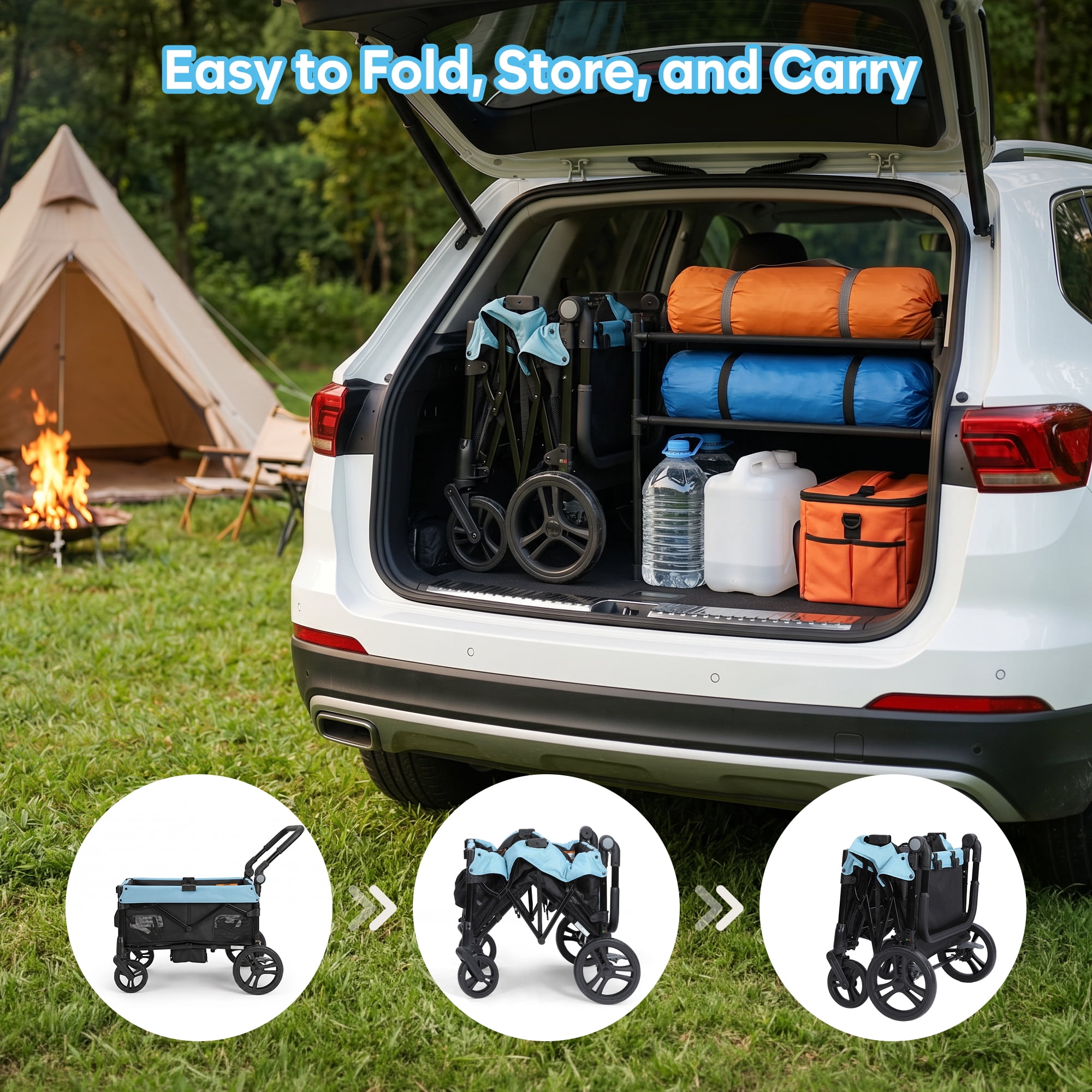 COFUNOK 4 Seater Wagon Stroller for Kids, Foldable Stroller Wagon with Adjustable Canopy, Push & Pull Handles, Snack Tray, Storage Bag, Blue - Image 3