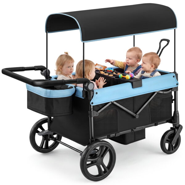 COFUNOK 4 Seater Wagon Stroller for Kids, Foldable Stroller Wagon with Adjustable Canopy, Push & Pull Handles, Snack Tray, Storage Bag, Blue