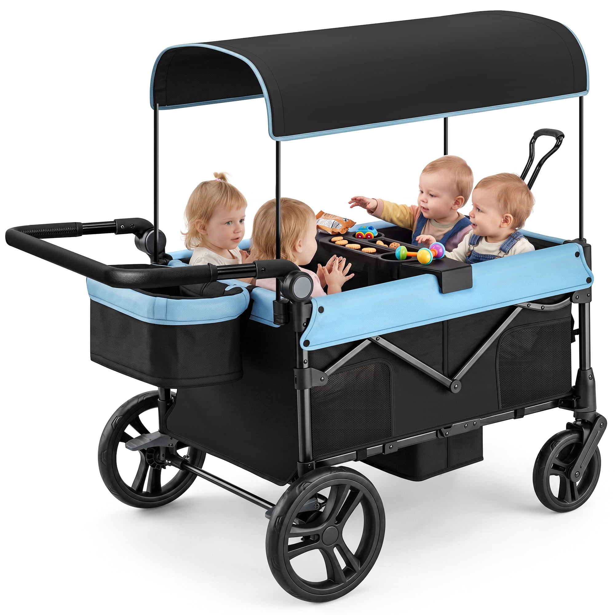 COFUNOK 4 Seater Wagon Stroller for Kids, Foldable Stroller Wagon with Adjustable Canopy, Push & Pull Handles, Snack Tray, Storage Bag, Blue