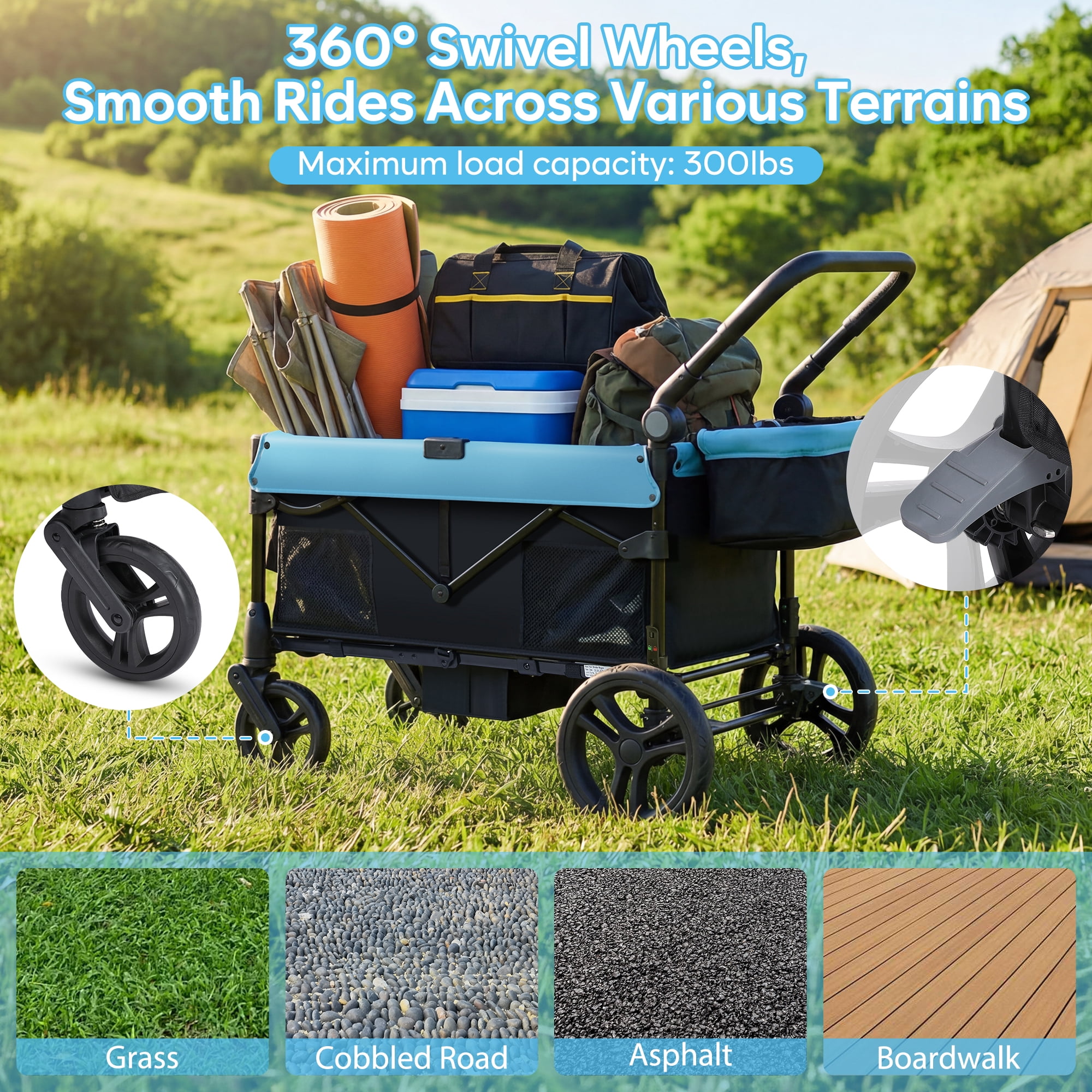 COFUNOK 4 Seater Wagon Stroller for Kids, Foldable Stroller Wagon with Adjustable Canopy, Push & Pull Handles, Snack Tray, Storage Bag, Blue - Image 4