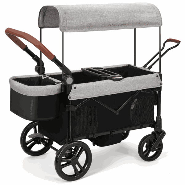 COFUNOK Stroller Wagon for 2 Kids, All-Terrain Foldable Kids Wagon Stroller with Removable Canopy, Mosquito Net, Snack Tray, Cup Holders & Storage Basket-Grey
