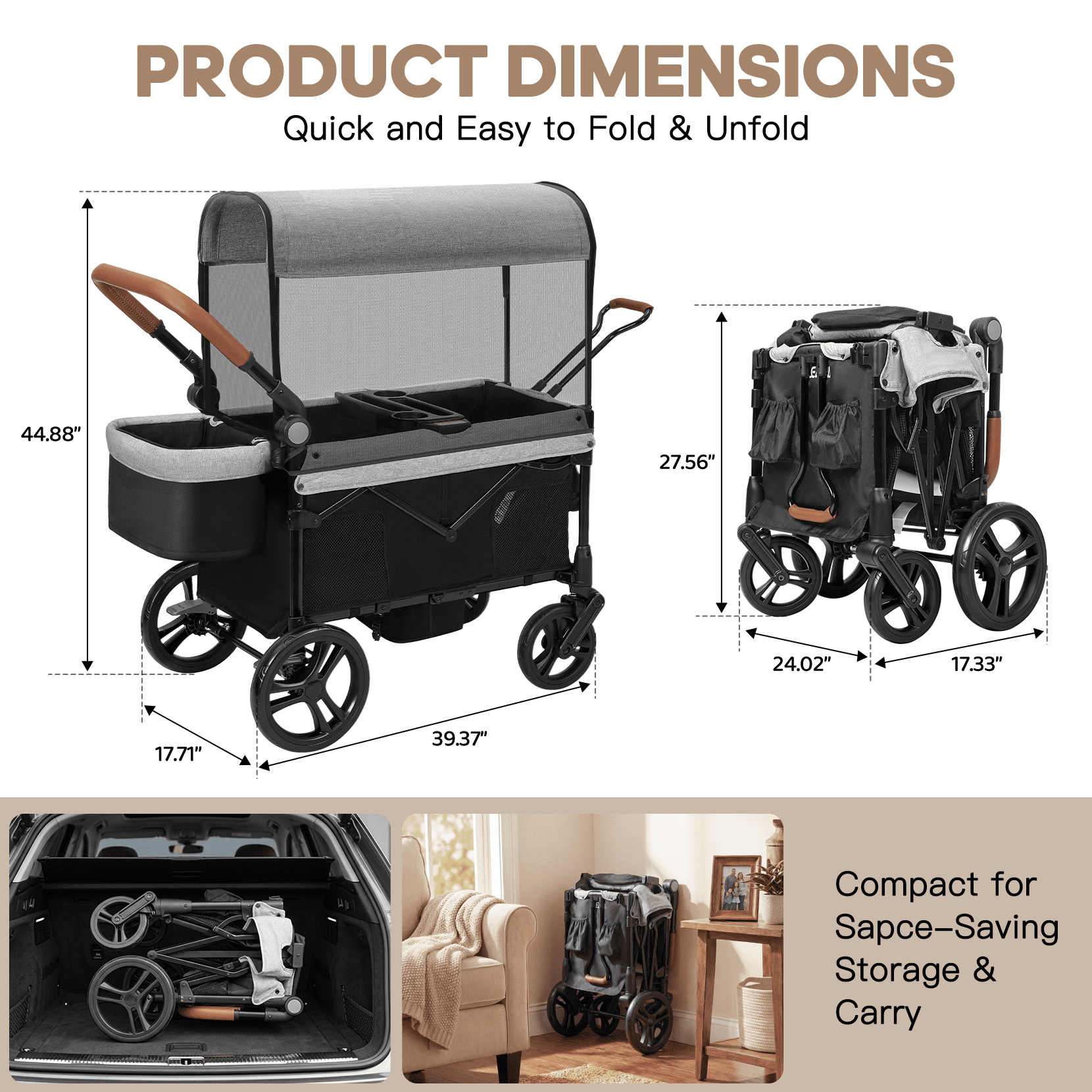 COFUNOK Stroller Wagon for 2 Kids, All-Terrain Foldable Kids Wagon Stroller with Removable Canopy, Mosquito Net, Snack Tray, Cup Holders & Storage Basket-Grey - Image 4