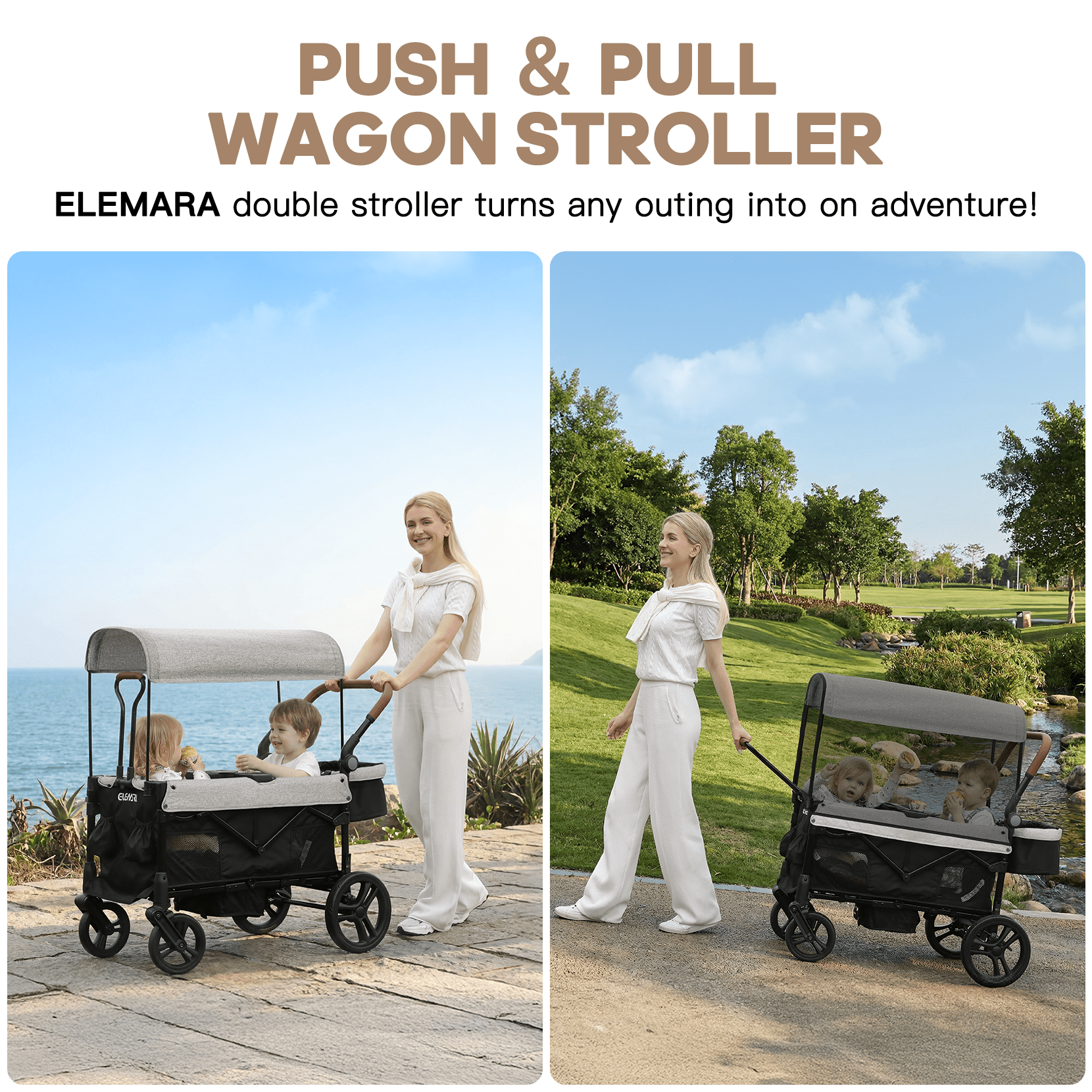 COFUNOK Stroller Wagon for 2 Kids, All-Terrain Foldable Kids Wagon Stroller with Removable Canopy, Mosquito Net, Snack Tray, Cup Holders & Storage Basket-Grey - Image 3