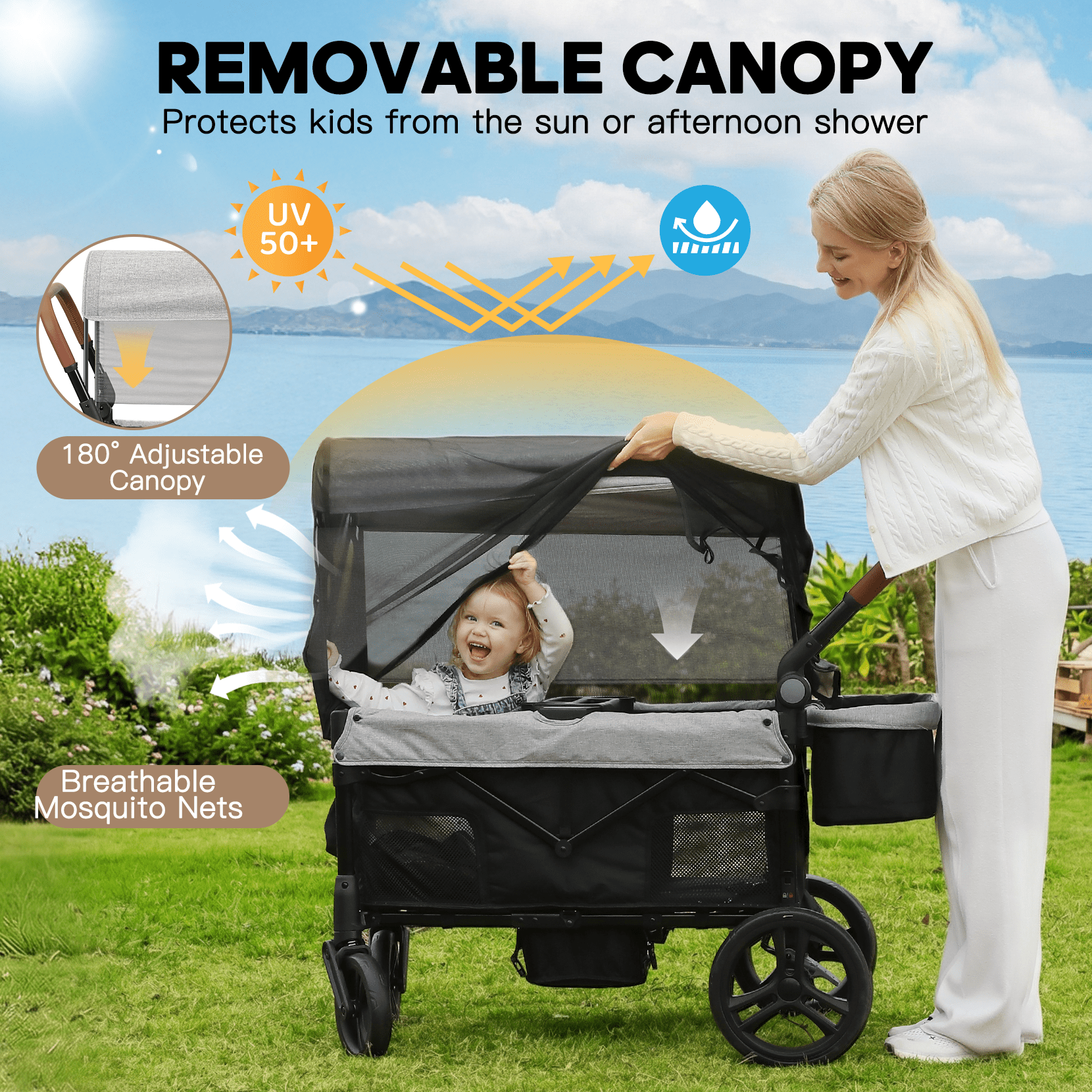 COFUNOK Stroller Wagon for 2 Kids, All-Terrain Foldable Kids Wagon Stroller with Removable Canopy, Mosquito Net, Snack Tray, Cup Holders & Storage Basket-Grey - Image 5