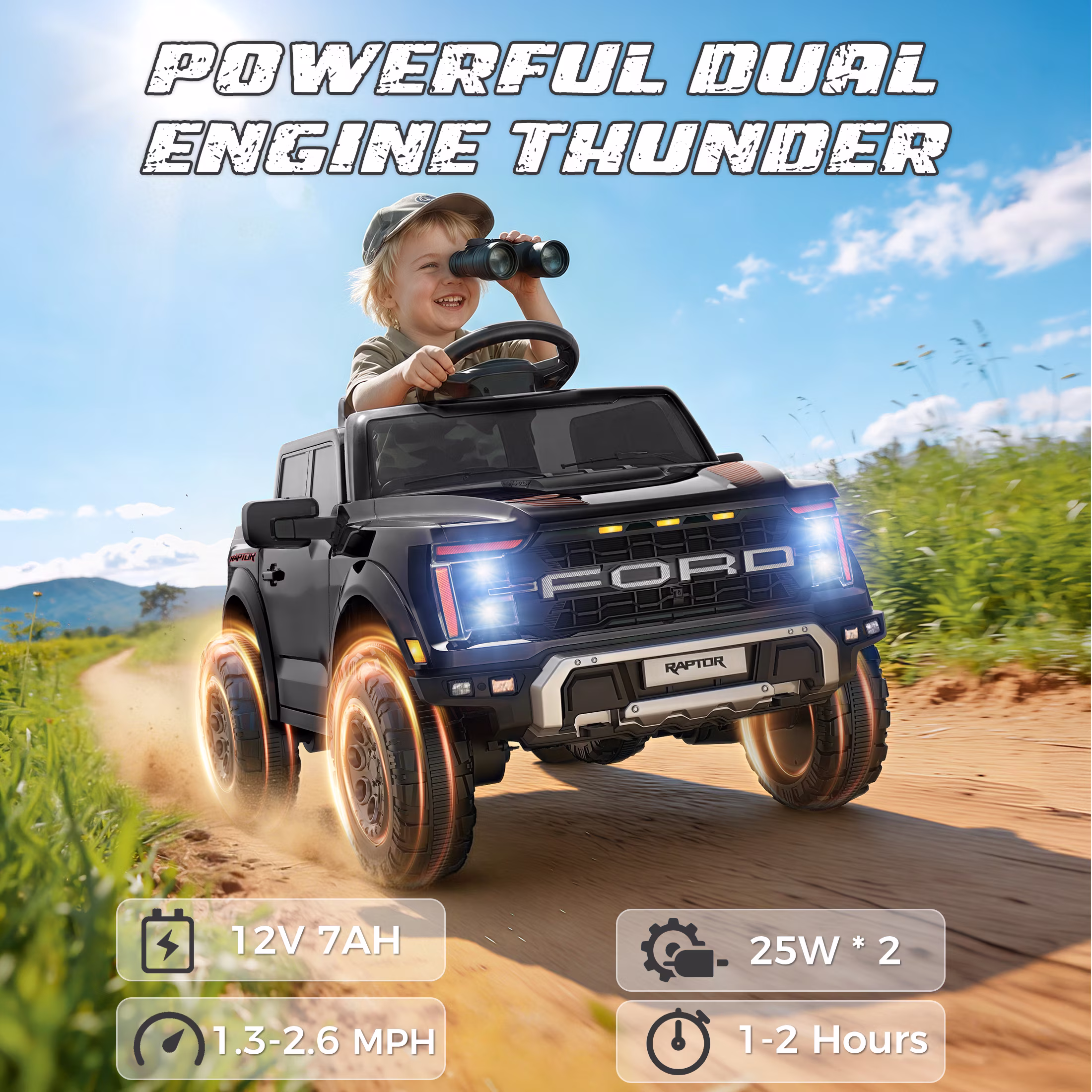 Conchico 12V Licensed Ford F150 Raptor Powered Ride-On Cars Toys with Remote & Durable Wheels for Kids, Black - Image 3