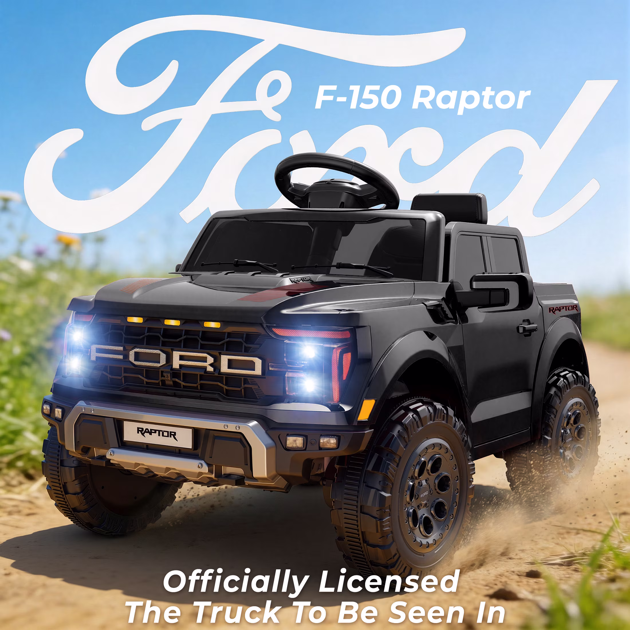 Conchico 12V Licensed Ford F150 Raptor Powered Ride-On Cars Toys with Remote & Durable Wheels for Kids, Black - Image 4
