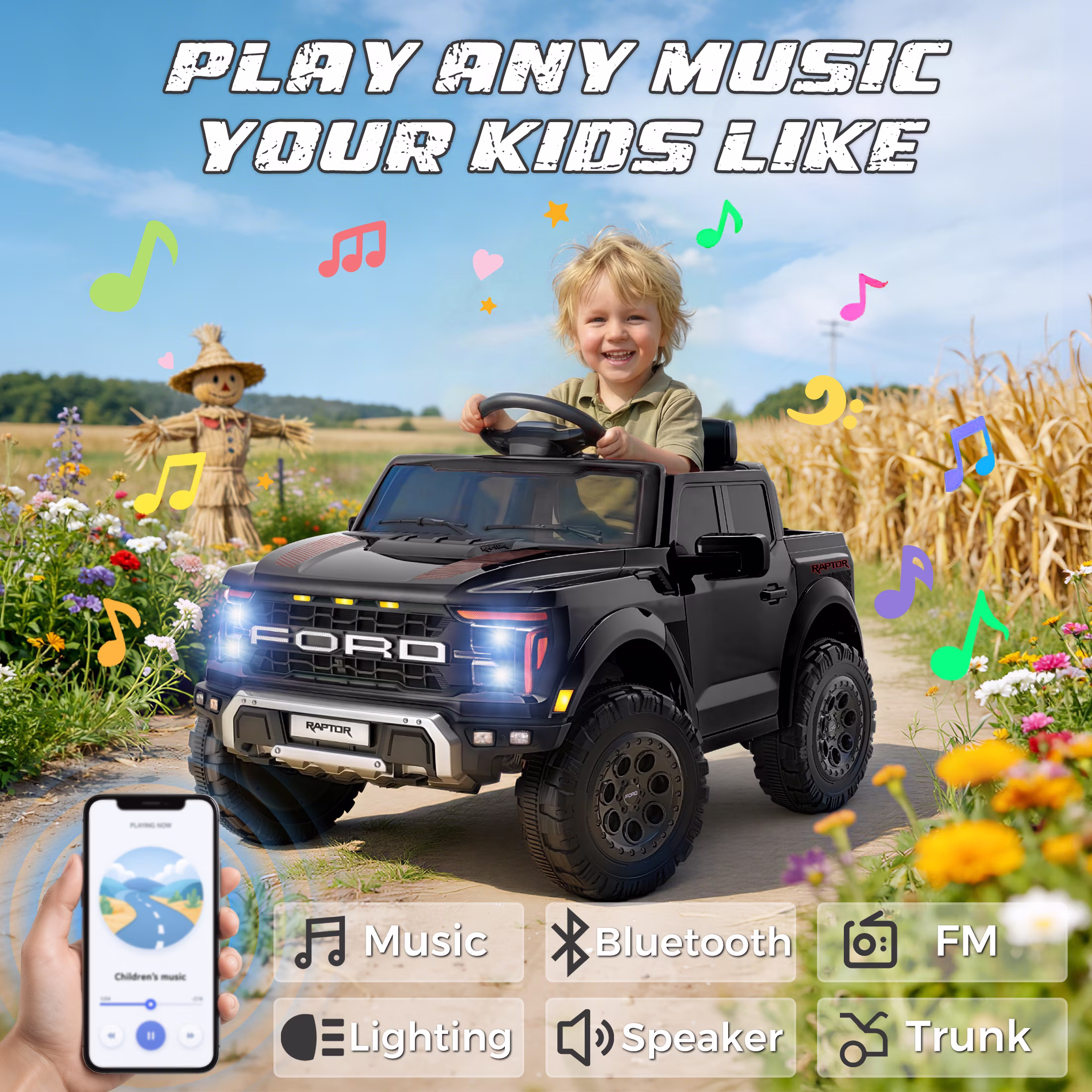Conchico 12V Licensed Ford F150 Raptor Powered Ride-On Cars Toys with Remote & Durable Wheels for Kids, Black - Image 5