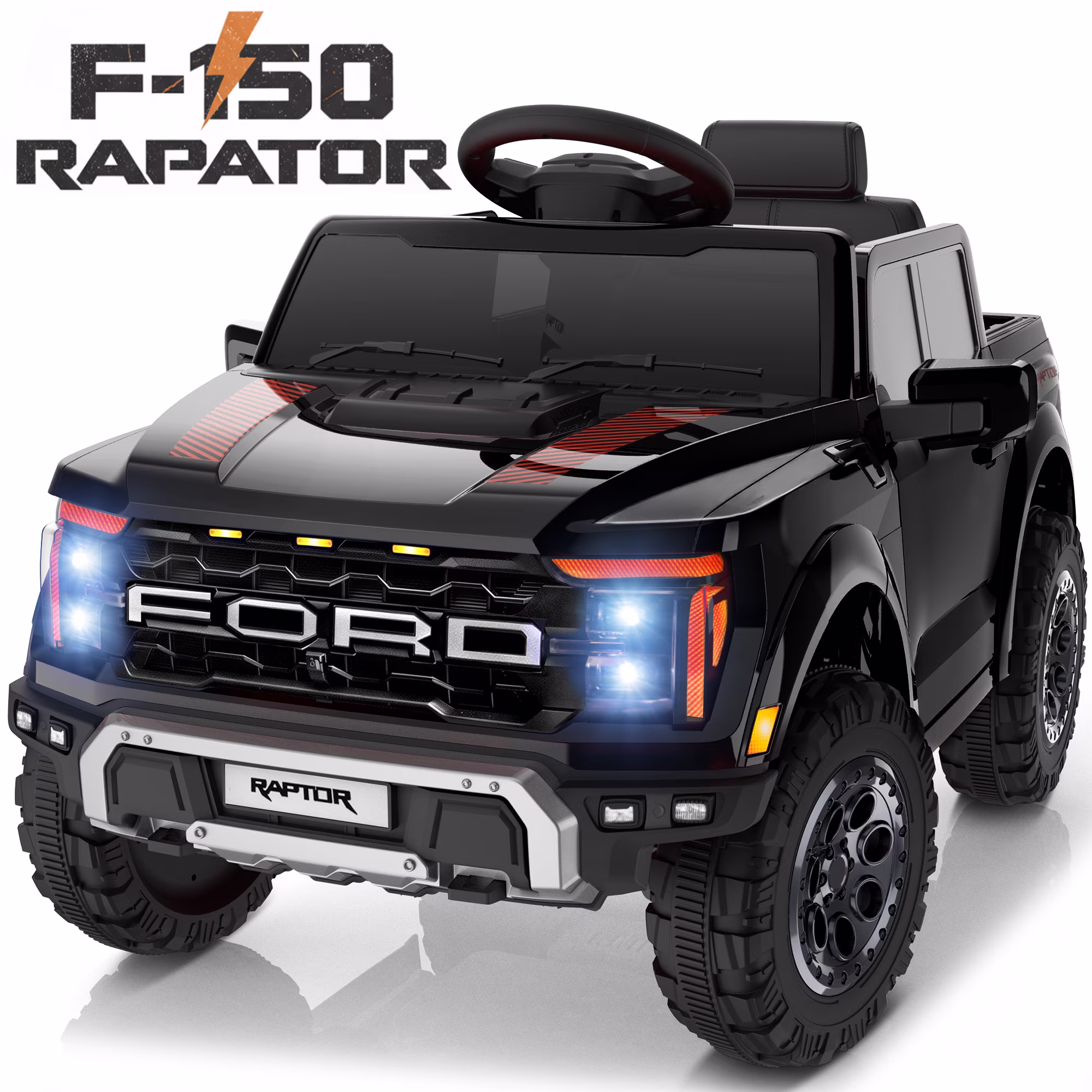Conchico 12V Licensed Ford F150 Raptor Powered Ride-On Cars Toys with Remote & Durable Wheels for Kids, Black