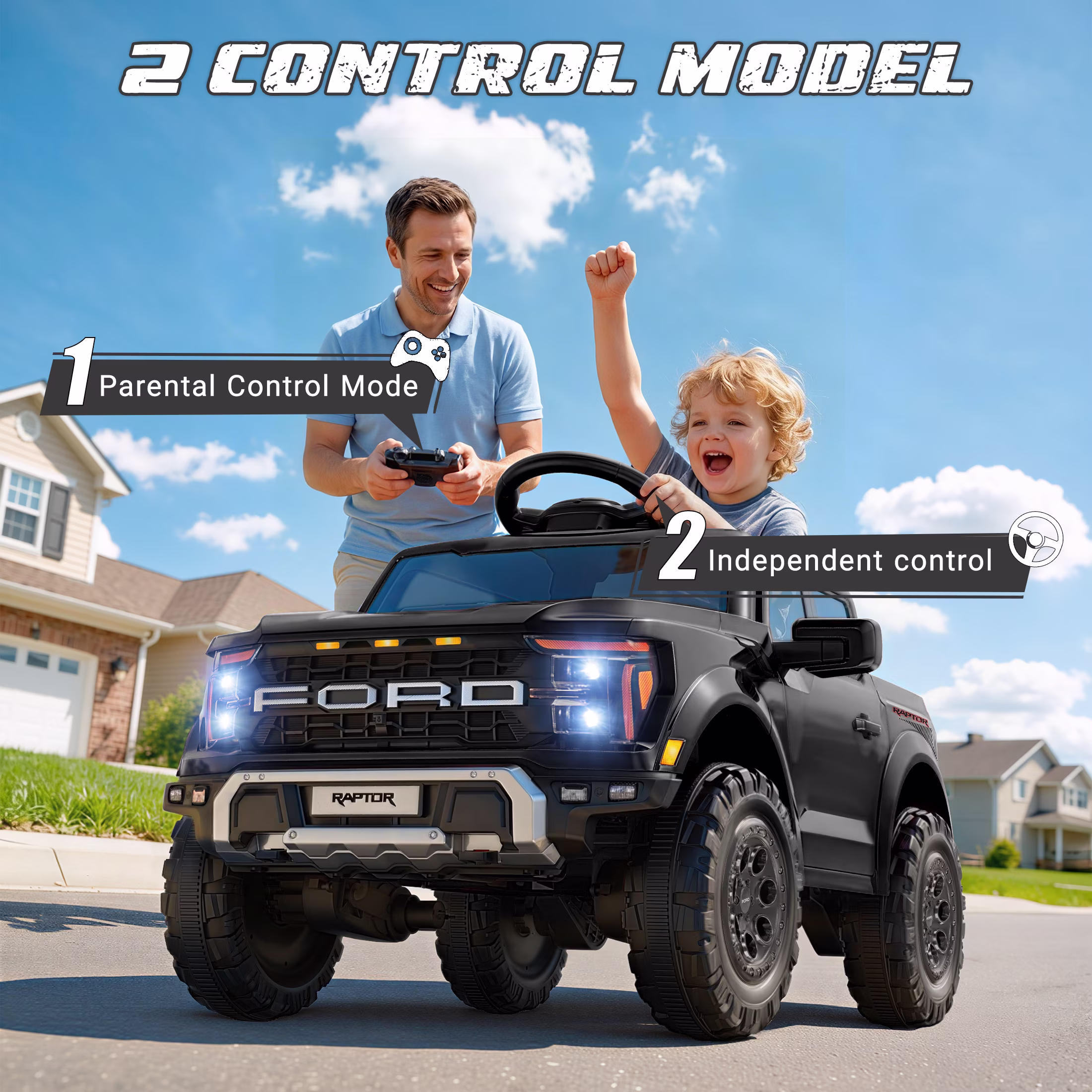 Conchico 12V Licensed Ford F150 Raptor Powered Ride-On Cars Toys with Remote & Durable Wheels for Kids, Black - Image 2