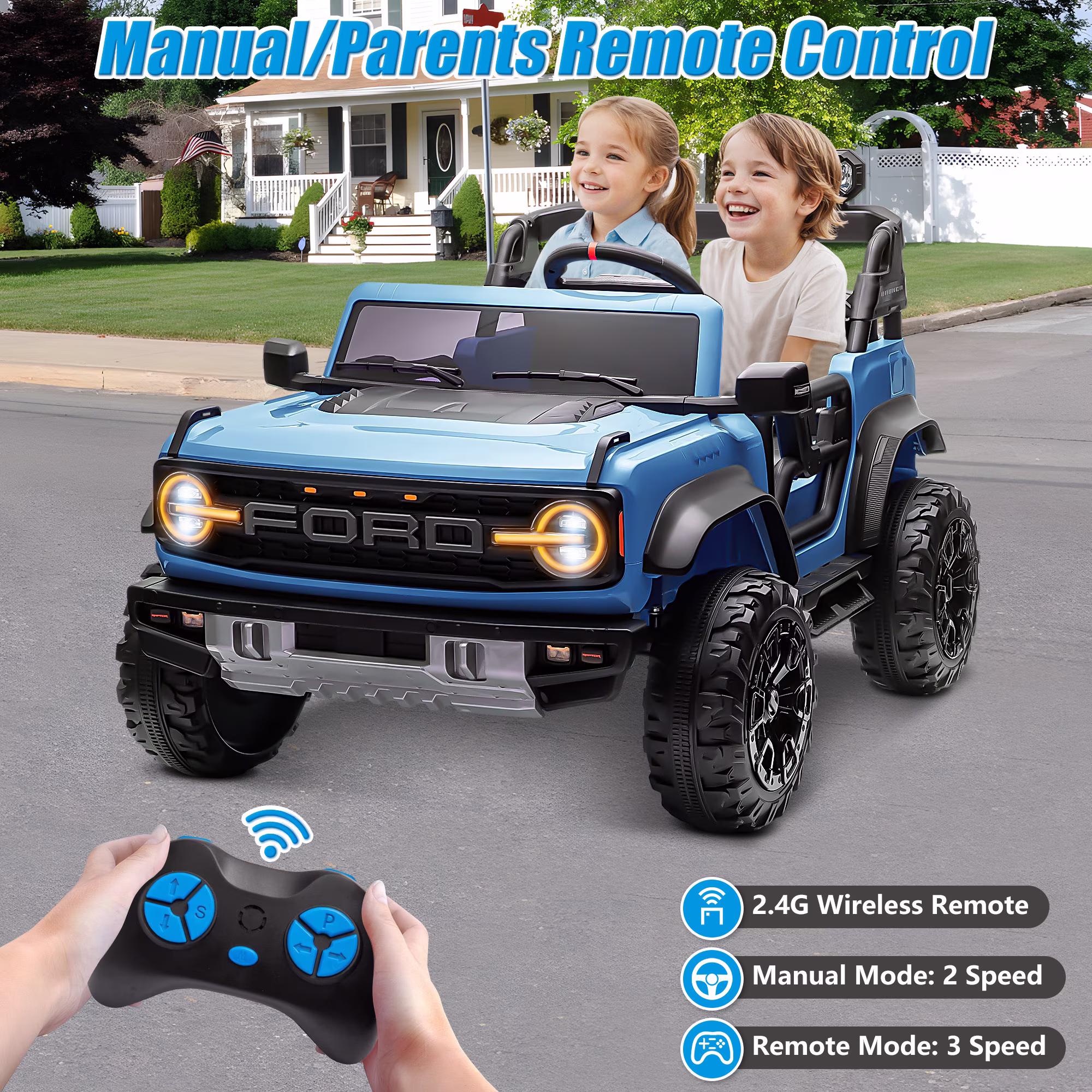 Conchico 24V 2 Seater Licensed Ford Bronco Powered Ride-On Truck, Kids Ride on Toys with Remote Control & Seatbelt, Blue - Image 4