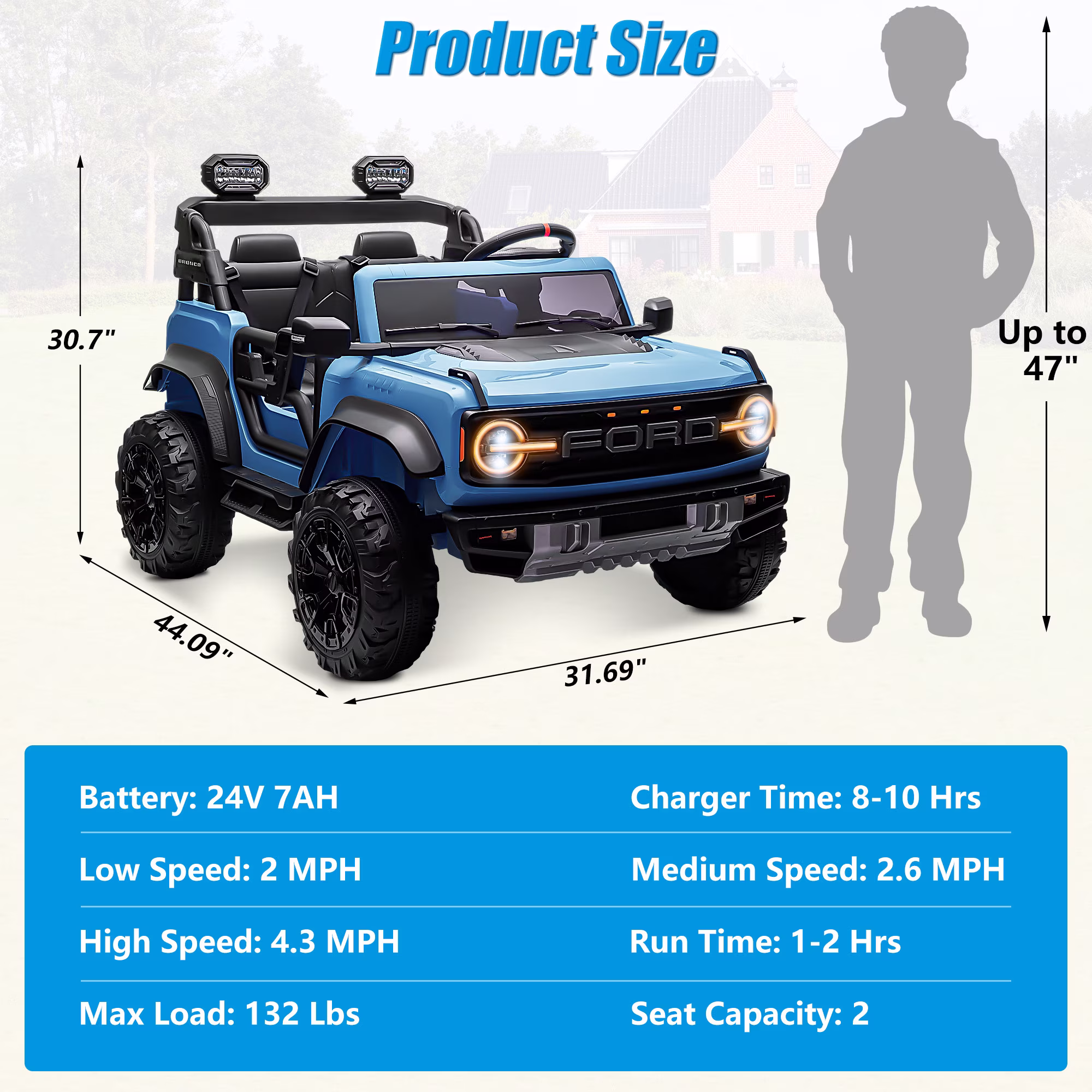 Conchico 24V 2 Seater Licensed Ford Bronco Powered Ride-On Truck, Kids Ride on Toys with Remote Control & Seatbelt, Blue - Image 3
