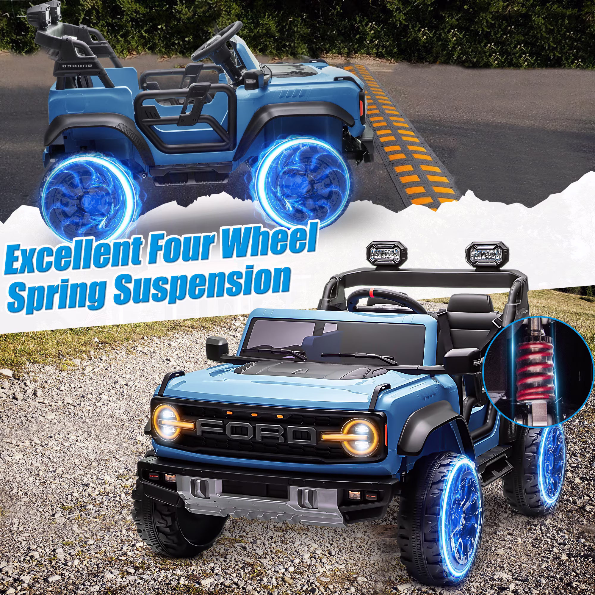 Conchico 24V 2 Seater Licensed Ford Bronco Powered Ride-On Truck, Kids Ride on Toys with Remote Control & Seatbelt, Blue - Image 5