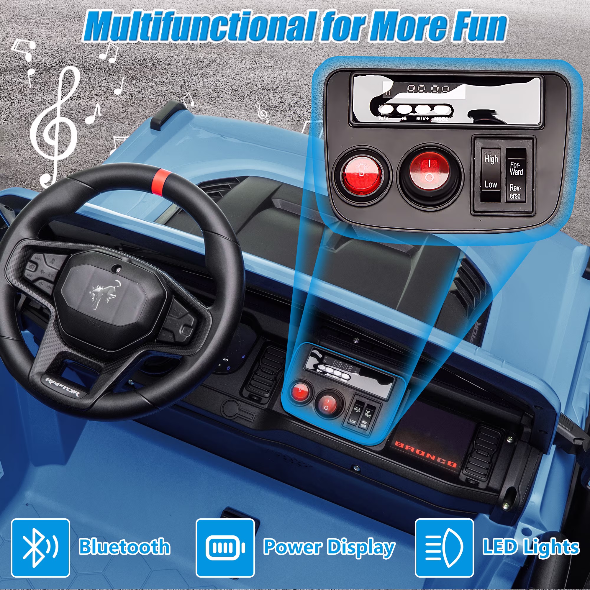 Conchico 24V 2 Seater Licensed Ford Bronco Powered Ride-On Truck, Kids Ride on Toys with Remote Control & Seatbelt, Blue - Image 2