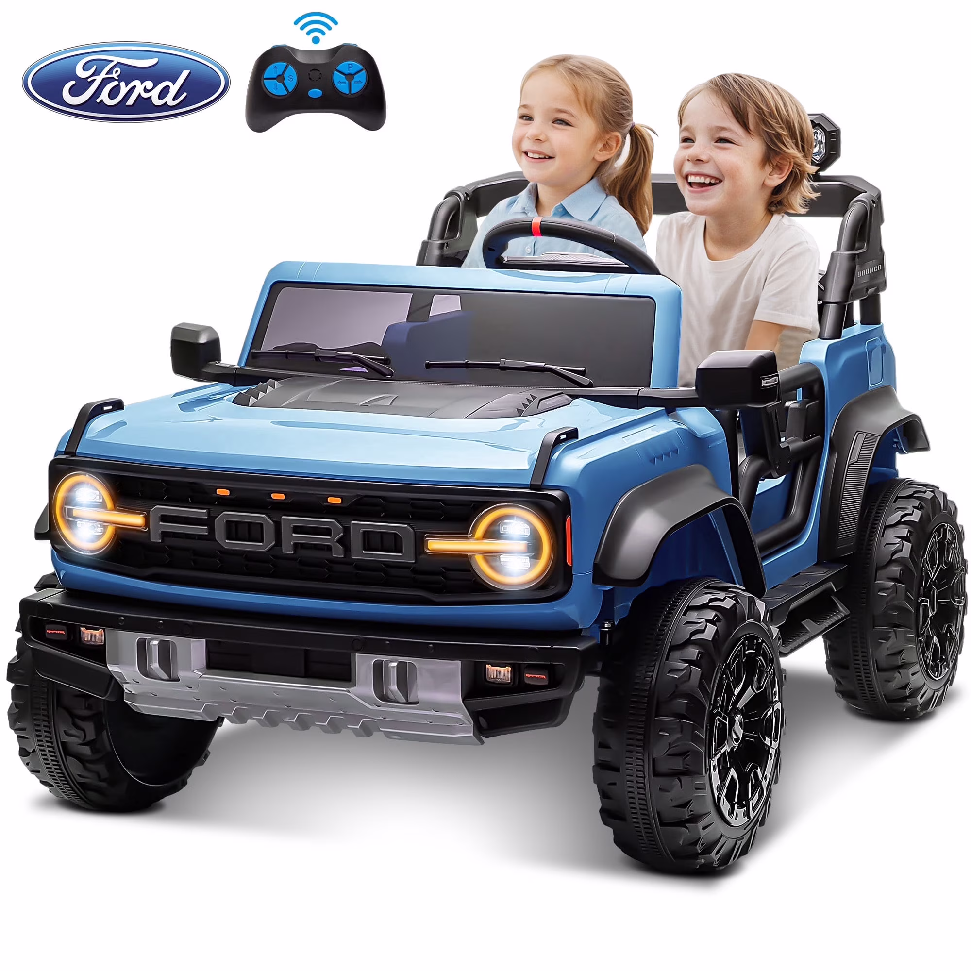 Conchico 24V 2 Seater Licensed Ford Bronco Powered Ride-On Truck, Kids Ride on Toys with Remote Control & Seatbelt, Blue