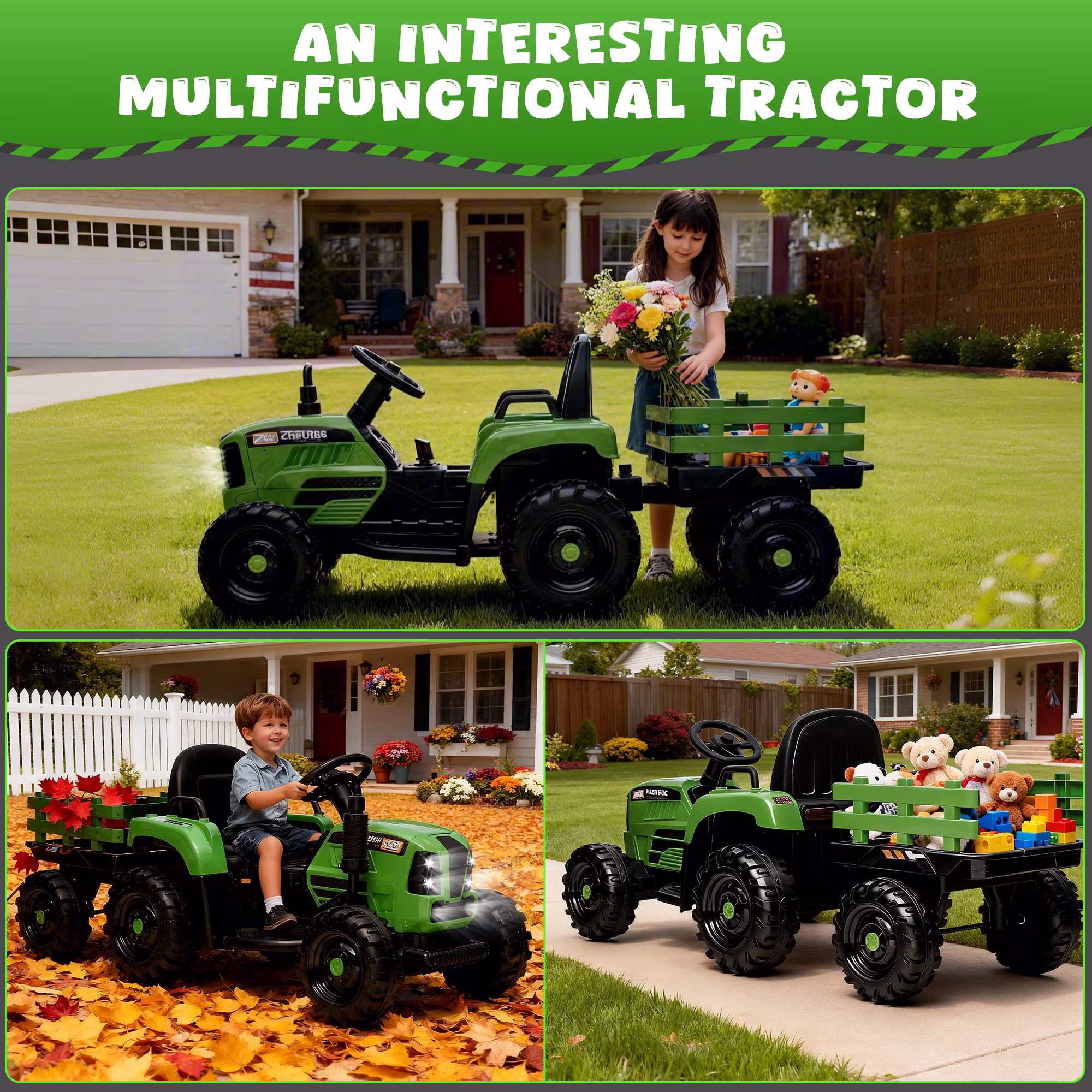 Conchico 24V Ride on Tractor Toys for Toddlers, 400W Powered Ride on Cars with Remote Control and Detachable Trailer, Bluetooth, LED Lights, Electric Car for Kids Aged 3+, Emerald - Image 4