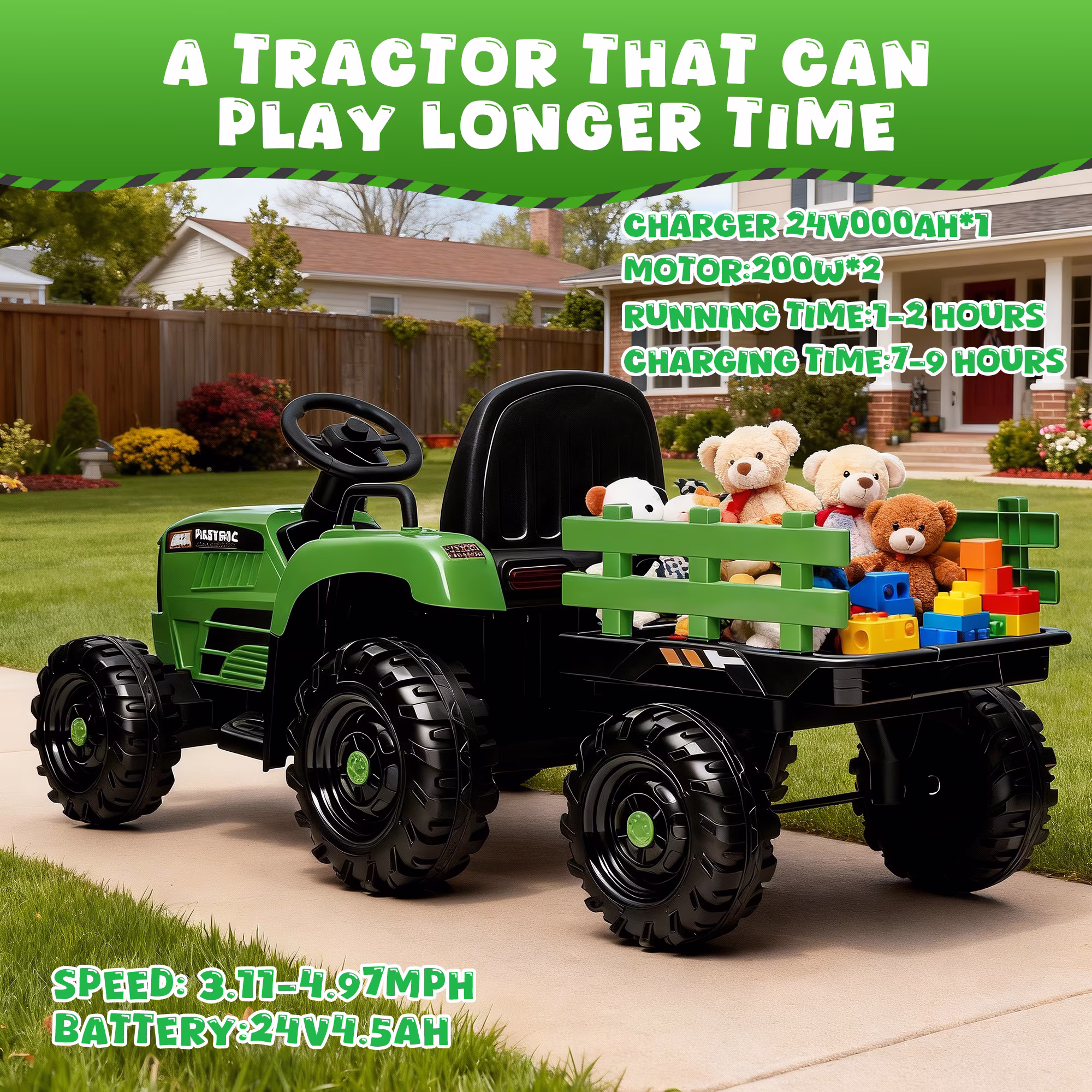 Conchico 24V Ride on Tractor Toys for Toddlers, 400W Powered Ride on Cars with Remote Control and Detachable Trailer, Bluetooth, LED Lights, Electric Car for Kids Aged 3+, Emerald - Image 3