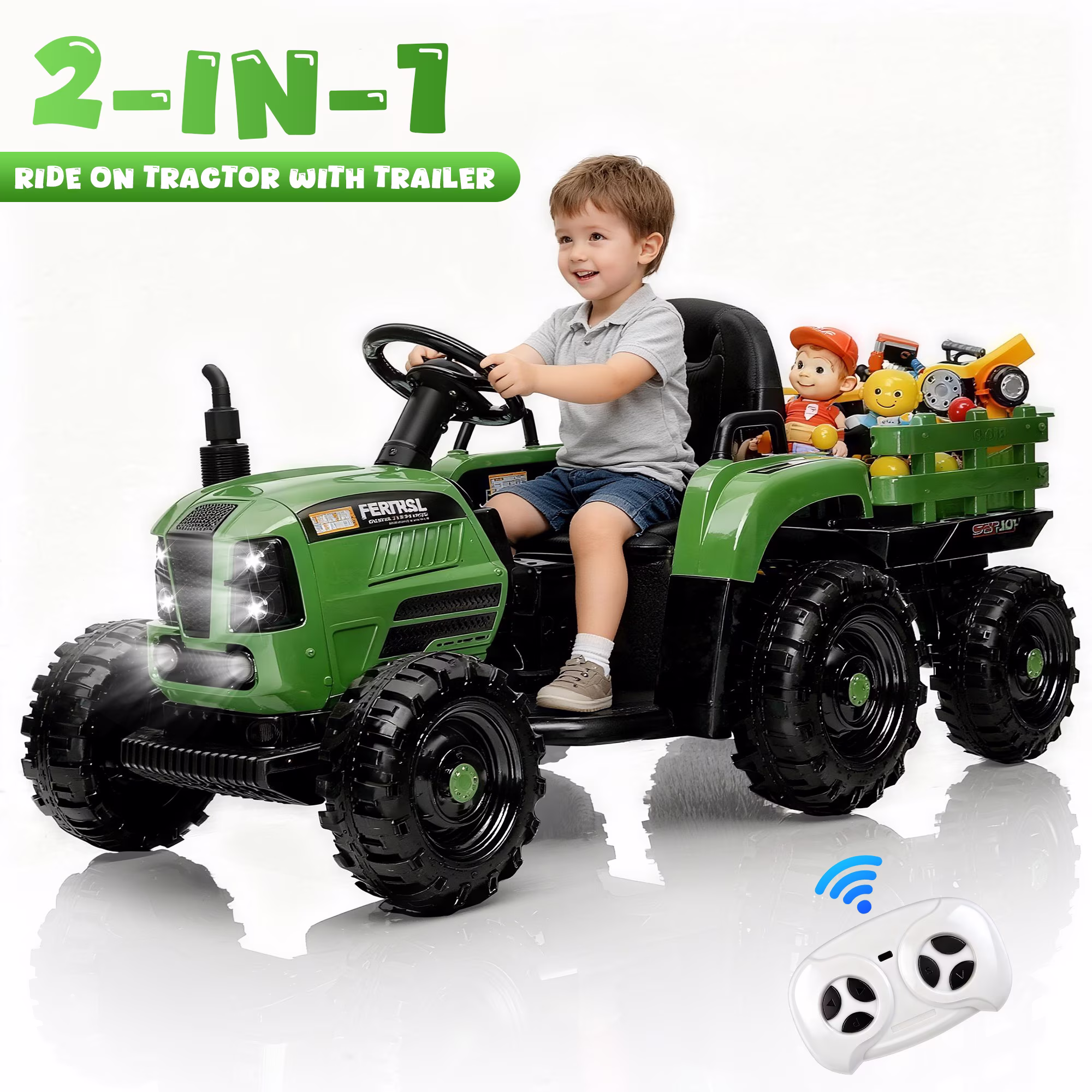 Conchico 24V Ride on Tractor Toys for Toddlers, 400W Powered Ride on Cars with Remote Control and Detachable Trailer, Bluetooth, LED Lights, Electric Car for Kids Aged 3+, Emerald