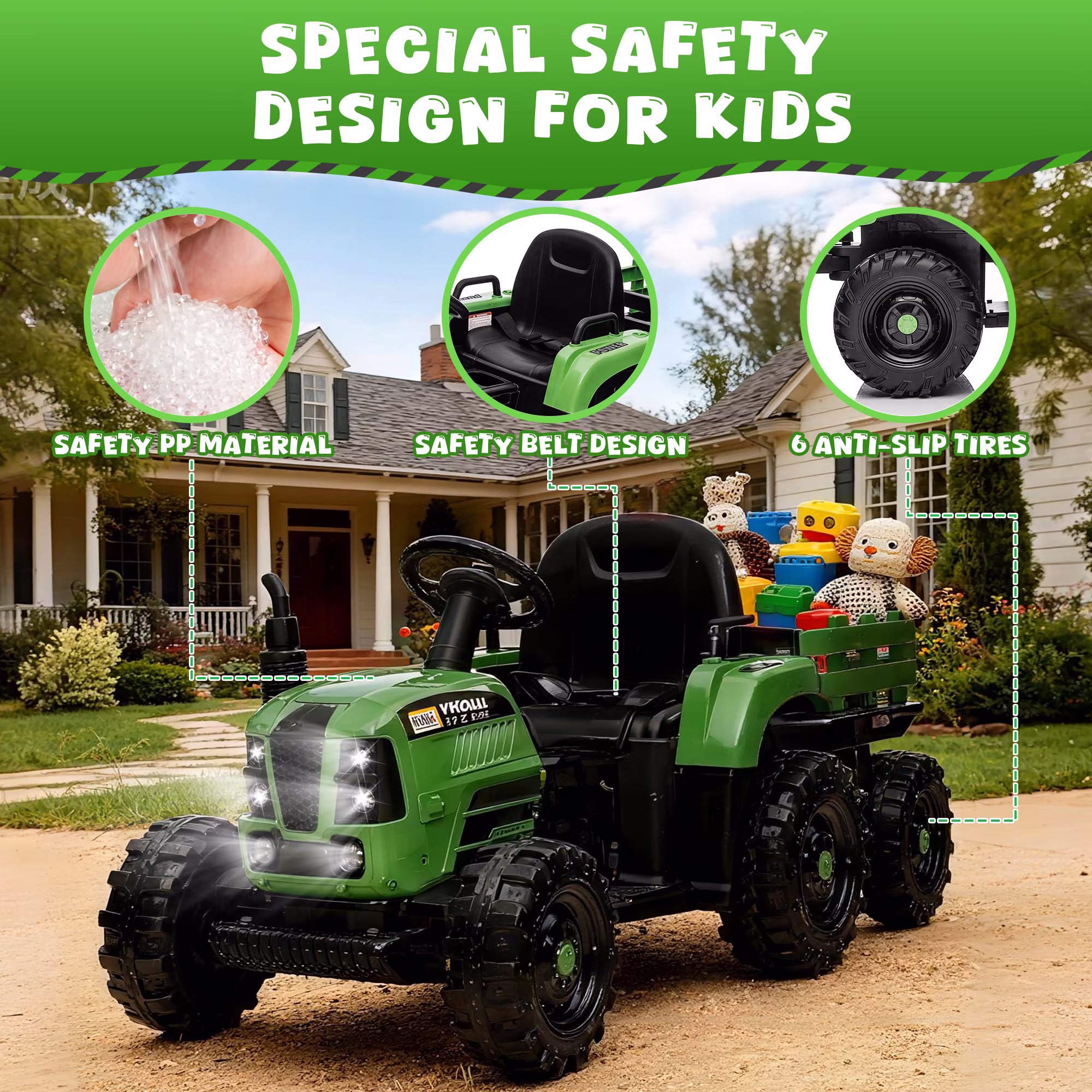 Conchico 24V Ride on Tractor Toys for Toddlers, 400W Powered Ride on Cars with Remote Control and Detachable Trailer, Bluetooth, LED Lights, Electric Car for Kids Aged 3+, Emerald - Image 2