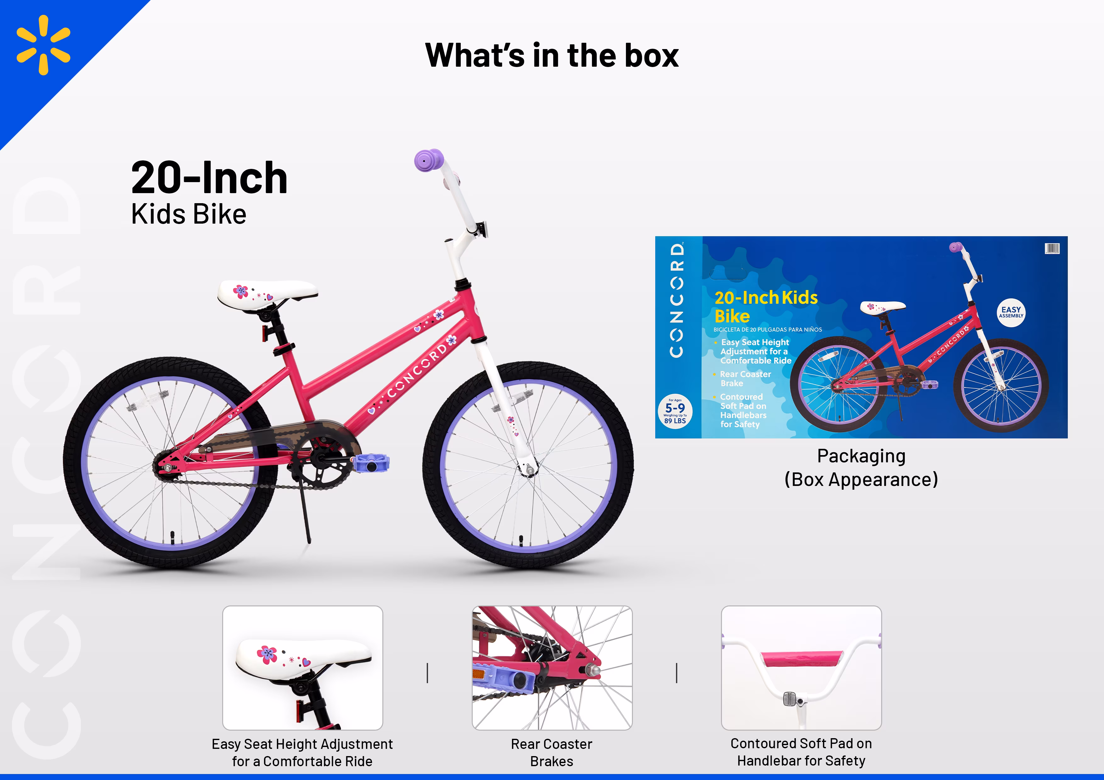 Concord 20 Inch Kids' Bike, Pink and Purple, Unisex, Fits Riders 44 to 56 Inches Tall - Image 3