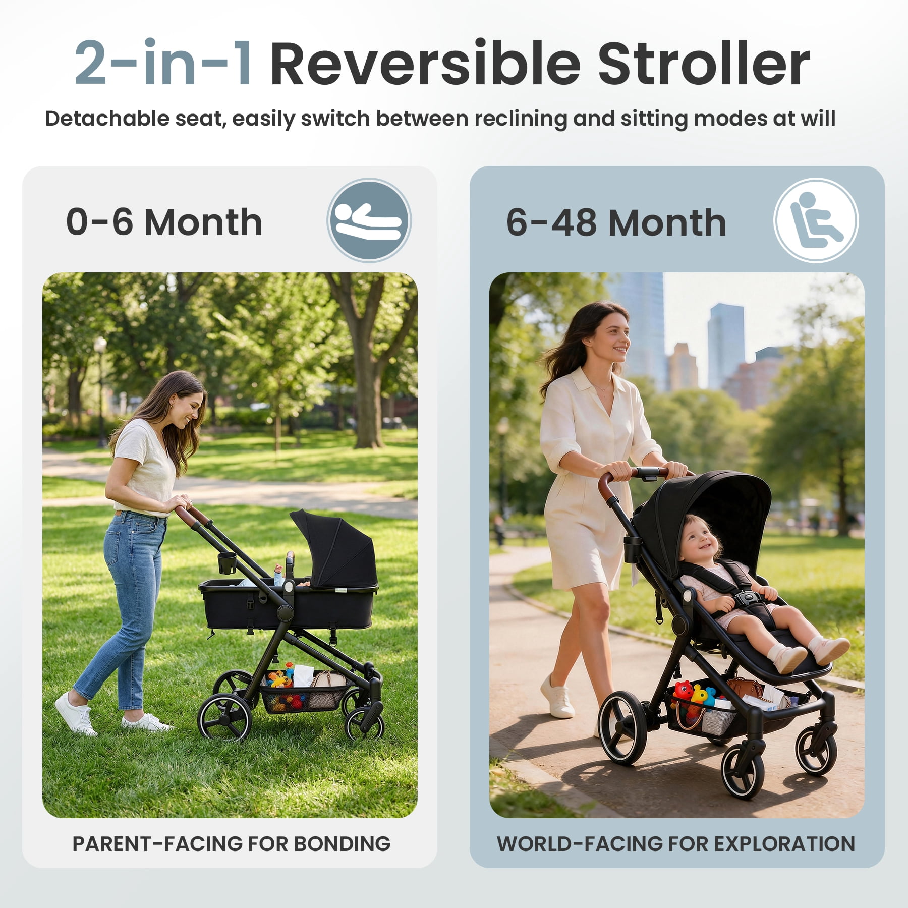 COOSEYA 2-in-1 Convertible Baby Stroller with Convertible Seat, Foldable Pram Stroller with Adjustable Backrest/Canopy& Cup Holder, for 0-48 Months - Image 2