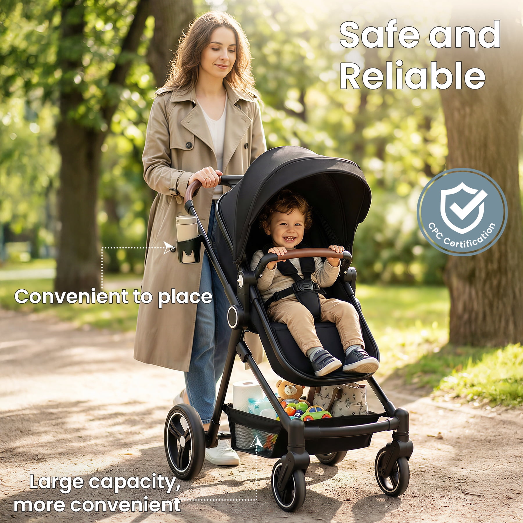 COOSEYA 2-in-1 Convertible Baby Stroller with Convertible Seat, Foldable Pram Stroller with Adjustable Backrest/Canopy& Cup Holder, for 0-48 Months - Image 3