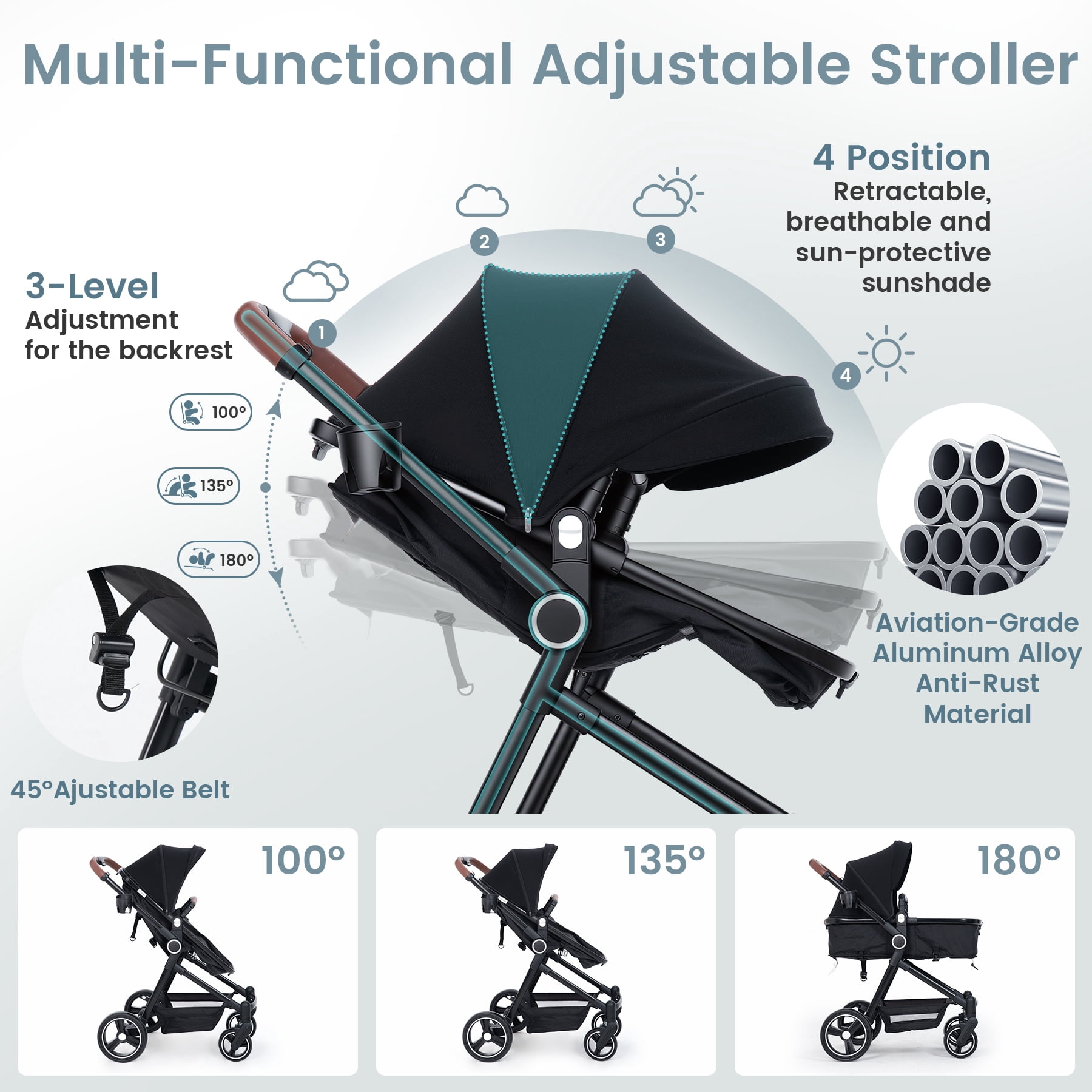 COOSEYA 2-in-1 Convertible Baby Stroller with Convertible Seat, Foldable Pram Stroller with Adjustable Backrest/Canopy& Cup Holder, for 0-48 Months - Image 5